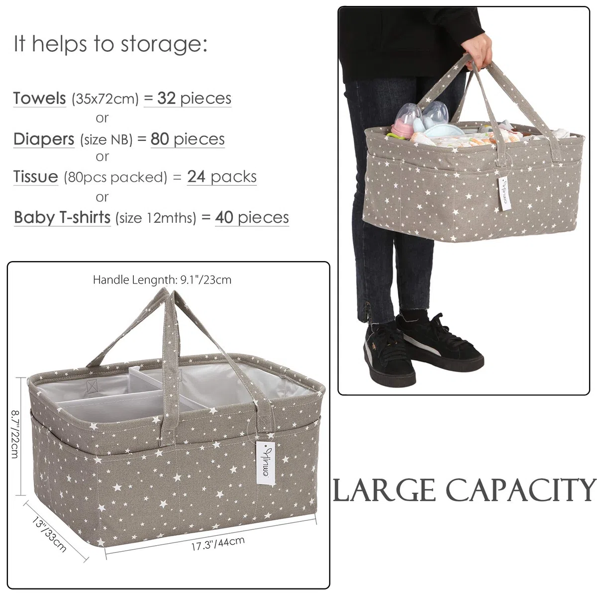 Hinwo - Cestino per pannolini, 3 scomparti, organizer portatile per bambini, organizer da auto, con divisorio staccabile e 10 tasche invisibili per pannolini e salviette