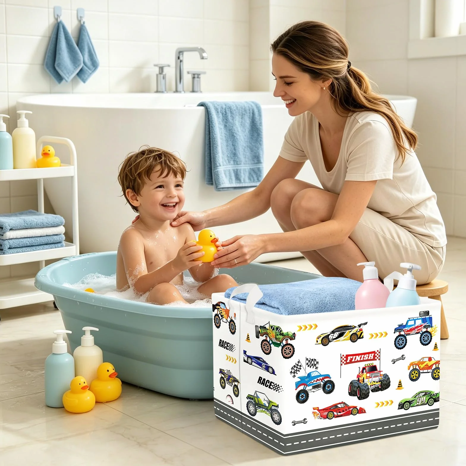 Clastyle Ceste Biancheria Bambini Auto Cestino Giocattoli Vestiti Impermeabile per Ragazzo Cestino Portaoggetti per Bagno Cameretta Bucato, Camion Mostruoso, 40x30x30 cm