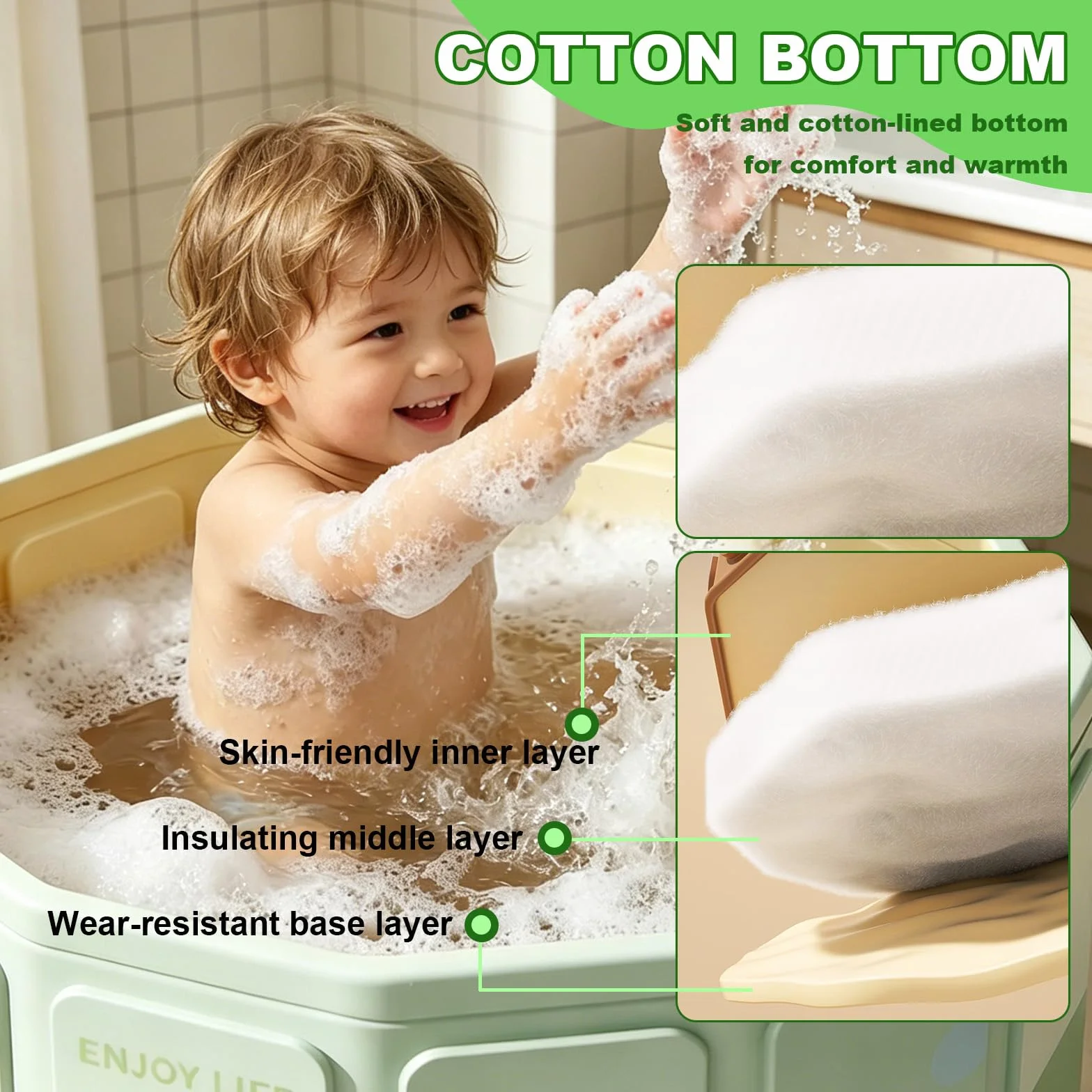 Vasca da Bagno Pieghevole per Bambini, Vasca da Bagno Portatile per Bambino, Adatta da 0 a 5 Anni, con Tappo di Scolo, Green