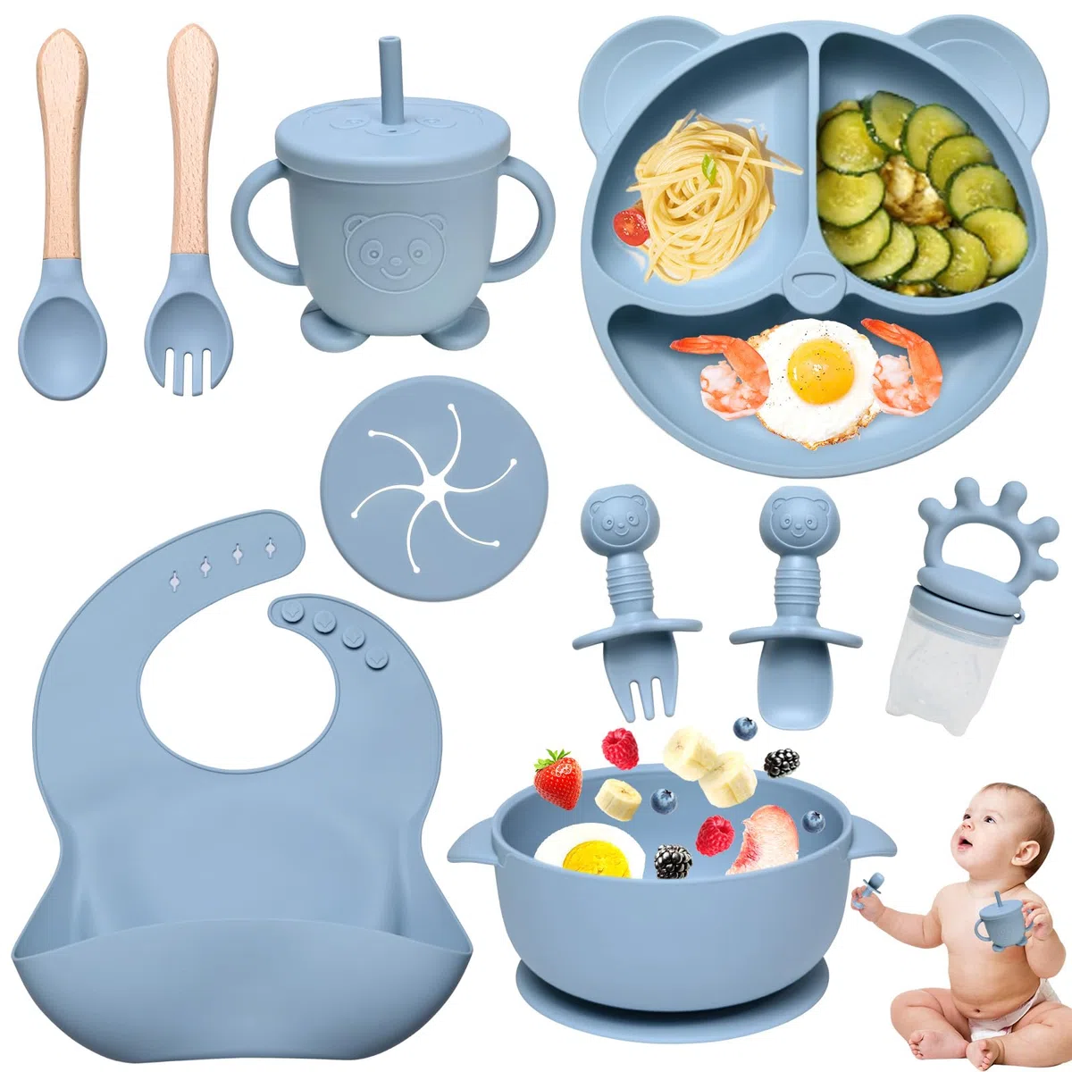 10 Pezzi Set Pappa Svezzamento, Svezzamento Set Silicone Piatto con Ventosa Ciotola Cucchiaio Forchetta Tazza Bavaglino, Training Esercitarsi A Mangiare Da Soli, Set Pappa Svezzamento(Blu)