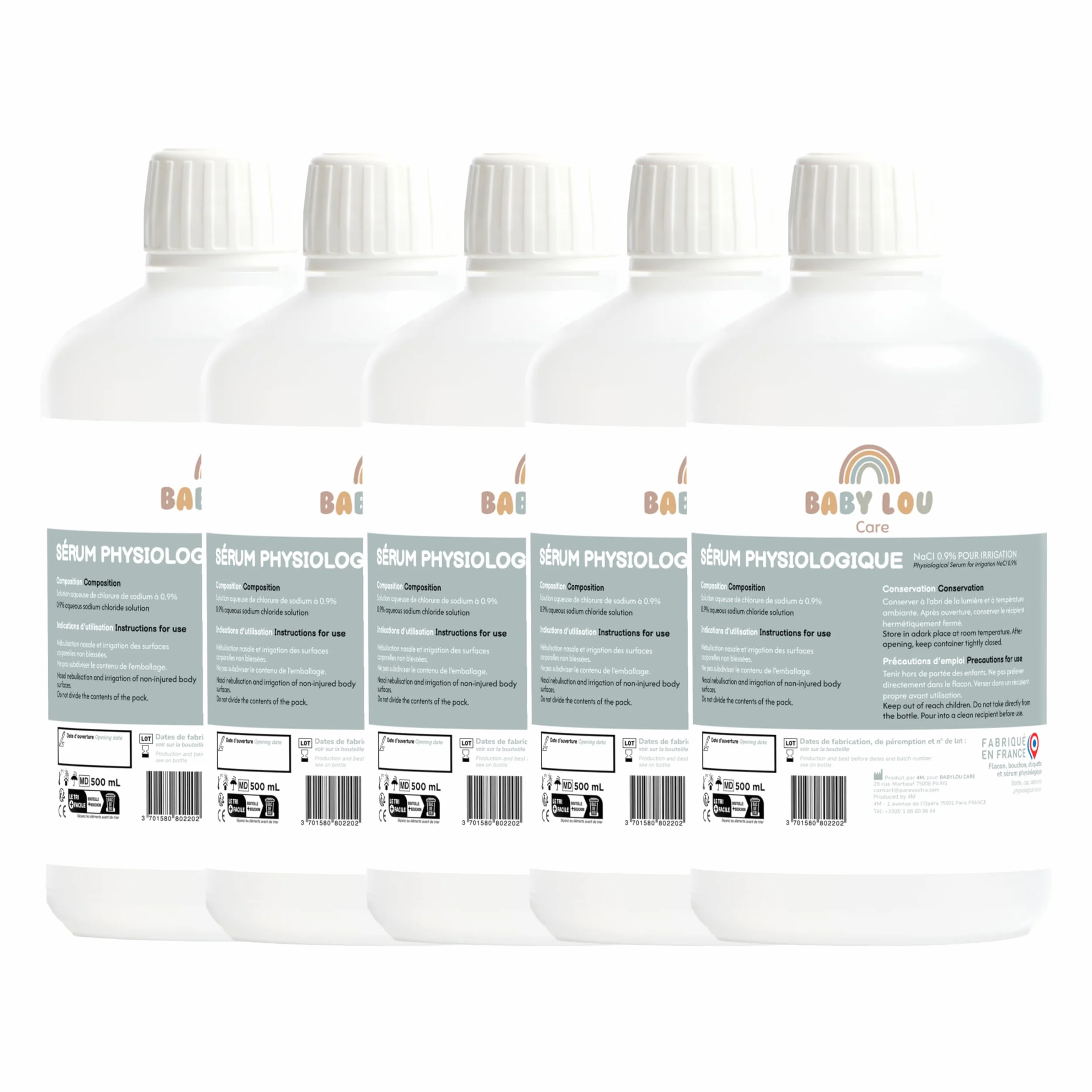 Siero fisiologico in bottiglia 5x500ml | NaCl 0,9% | Prodotto in Francia | Lavaggio delle fosse nasali | Igiene del naso | Per irrigazione esterna