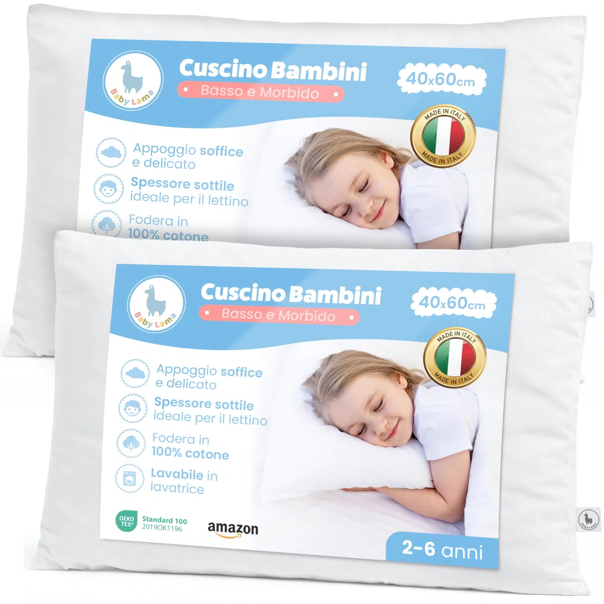 Baby Lama (2 Cuscini) Cuscino Bambino 2 Anni - 6 Anni. Cuscino Lettino Bambino Basso per Dormire 40x60. Cotone 100% Oeko-Tex – Ipoallergenico, Lavabile, Antisoffoco. Made in Italy (2)