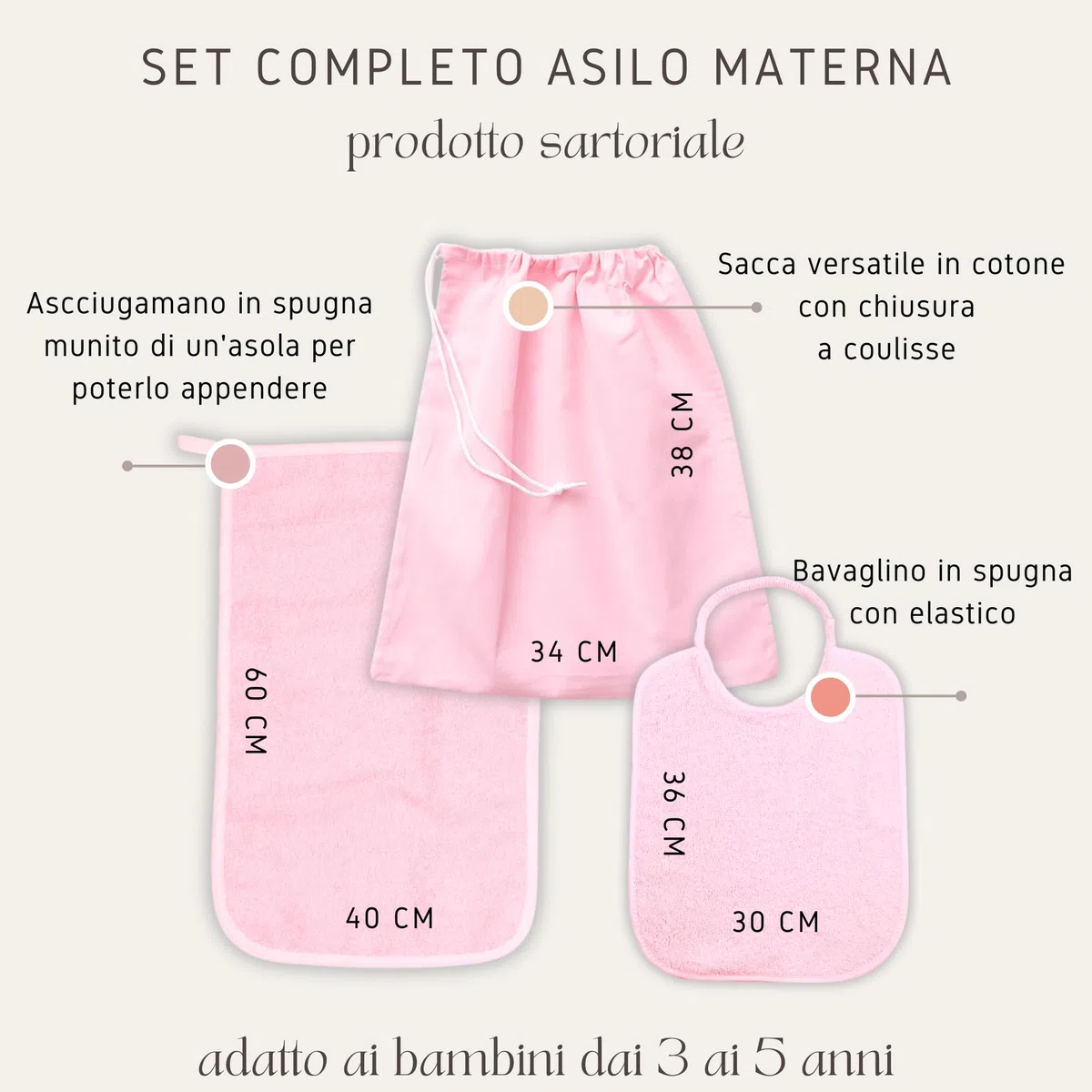MAYRA Set Asilo Nido e Materna Personalizzato per Bambino e Bambina | Kit Bavaglino con Elastico o Laccetti, Asciugamano con Asola e Sacchetto Cambio | Ricamo Nome e Disegno | Made in Italy