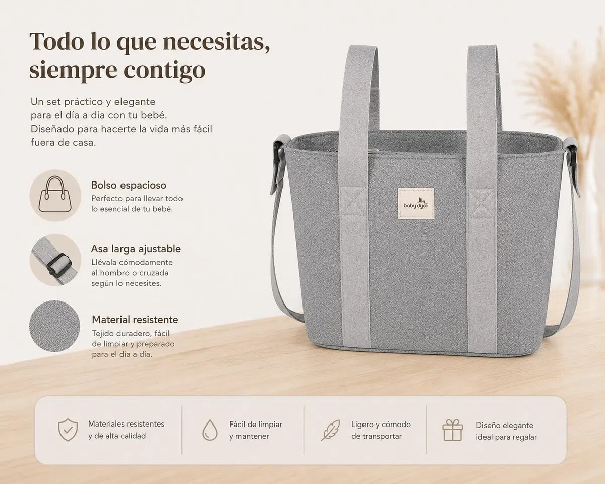 Borsa grande capacità, organizer grigio. Borsa per passeggino. Manici corti per il fissaggio al carrello e lunghi per la spalla.