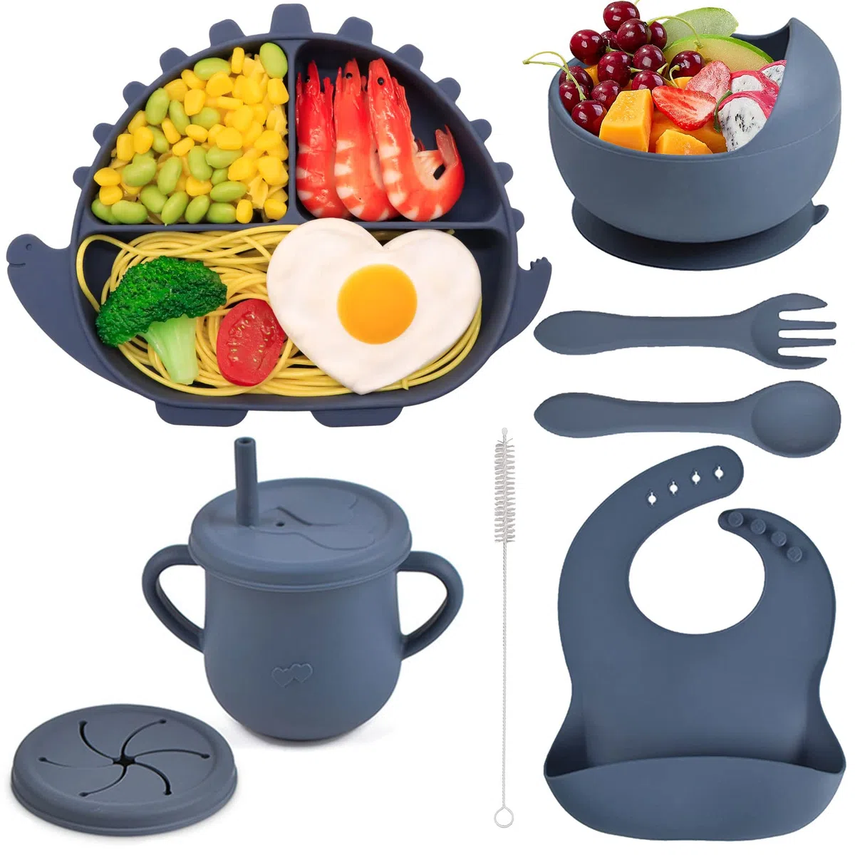 Delven Set Pappa Svezzamento, Silicone Stoviglie 8 Pezzi Piatto con Ventosa Ciotola Bavaglino Posate Svezzamento Tazza Coperchio Kit Pappa Viaggio, Antiscivolo per Neonato Bambini,Blu Dinosauro