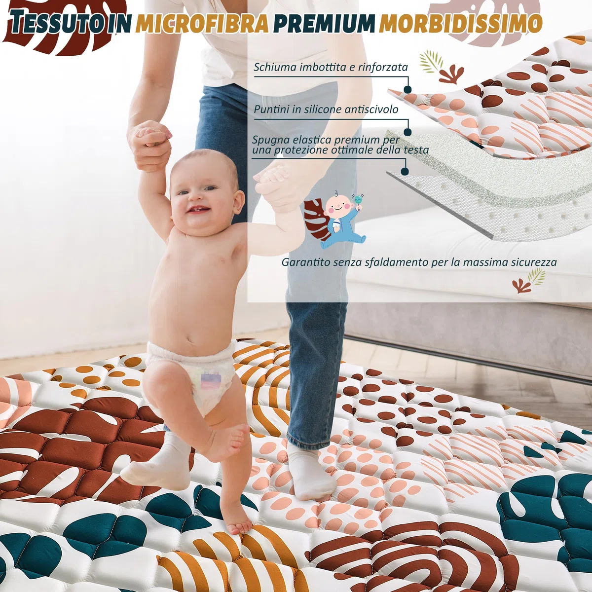 YBIKE Tappetino Gioco Pavimento, 119x119cm Grande Tappeto Pieghevole Antiscivolo Spesso, Morbido Tappeto Portatile, Lavabile in Lavatrice (Foglie Boho)