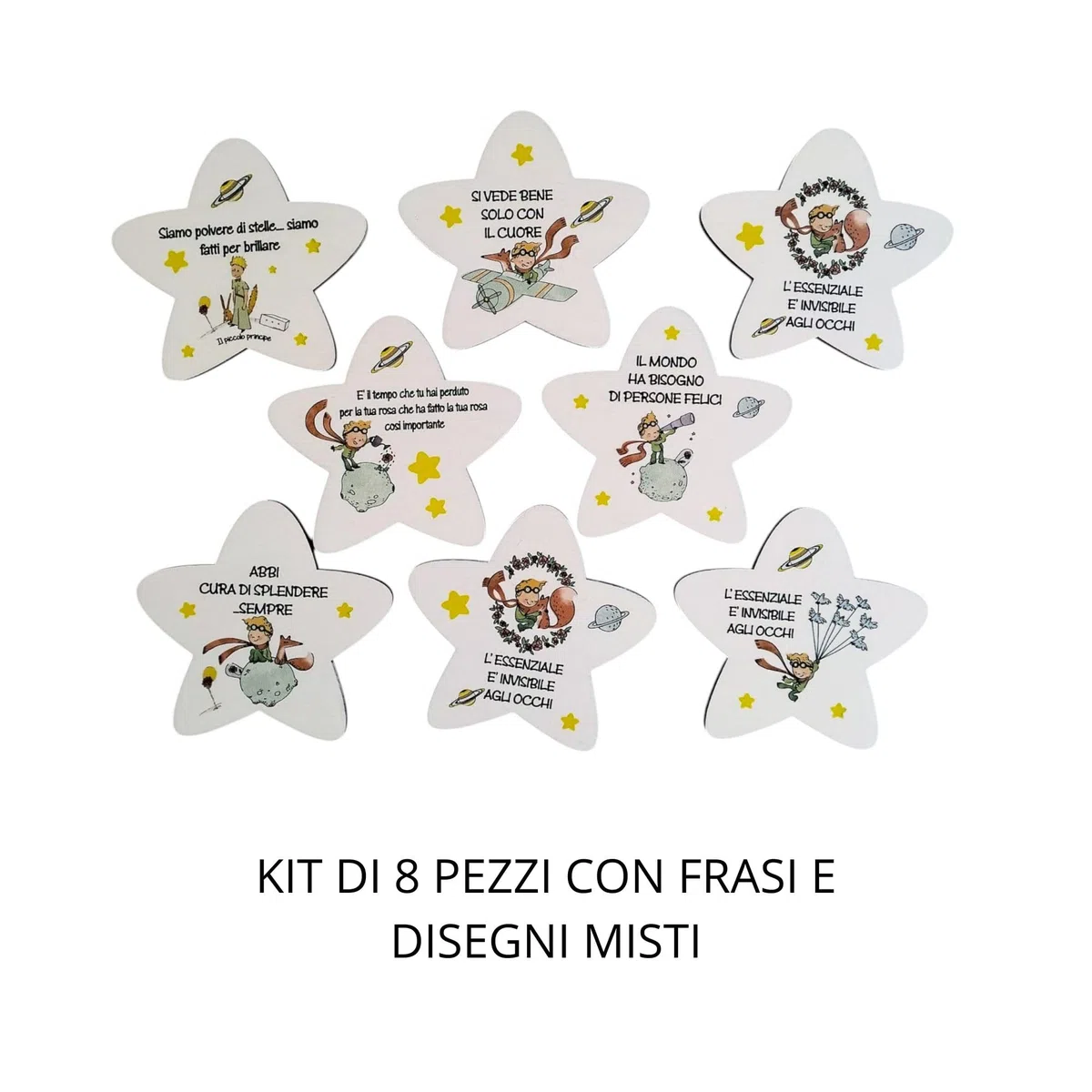 Magneti legno stellina con frasi motivazionali e disegni ispirati al Piccolo Principe – ideali per Bomboniere, sacchettini o segnaposto nascita, battesimo, comunione e cresima-KIT 8 PEZZI