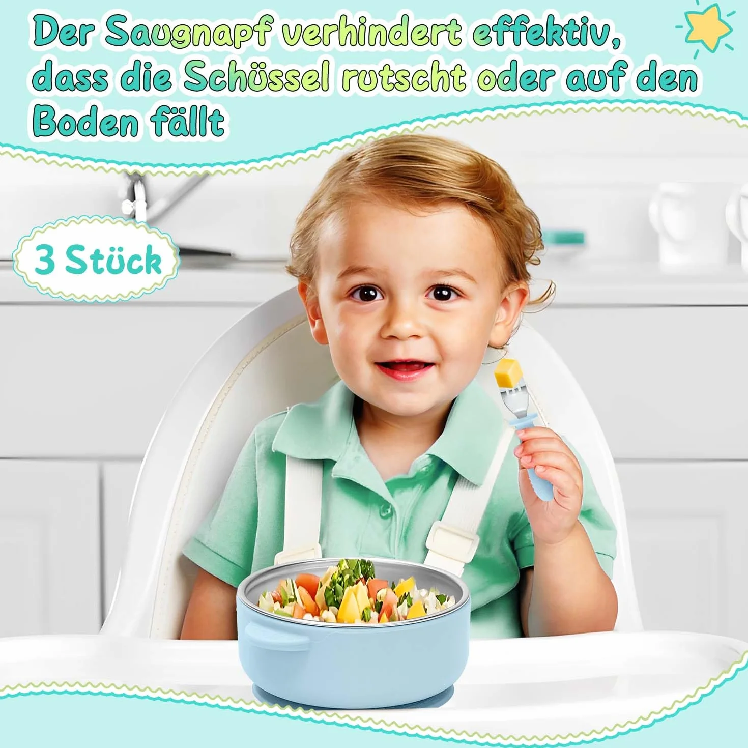3 ciotole in acciaio inox con ventosa e coperchio, in acciaio inox, per bambini, antiscivolo, per porridge e snack, senza BPA, lavabile in lavastoviglie
