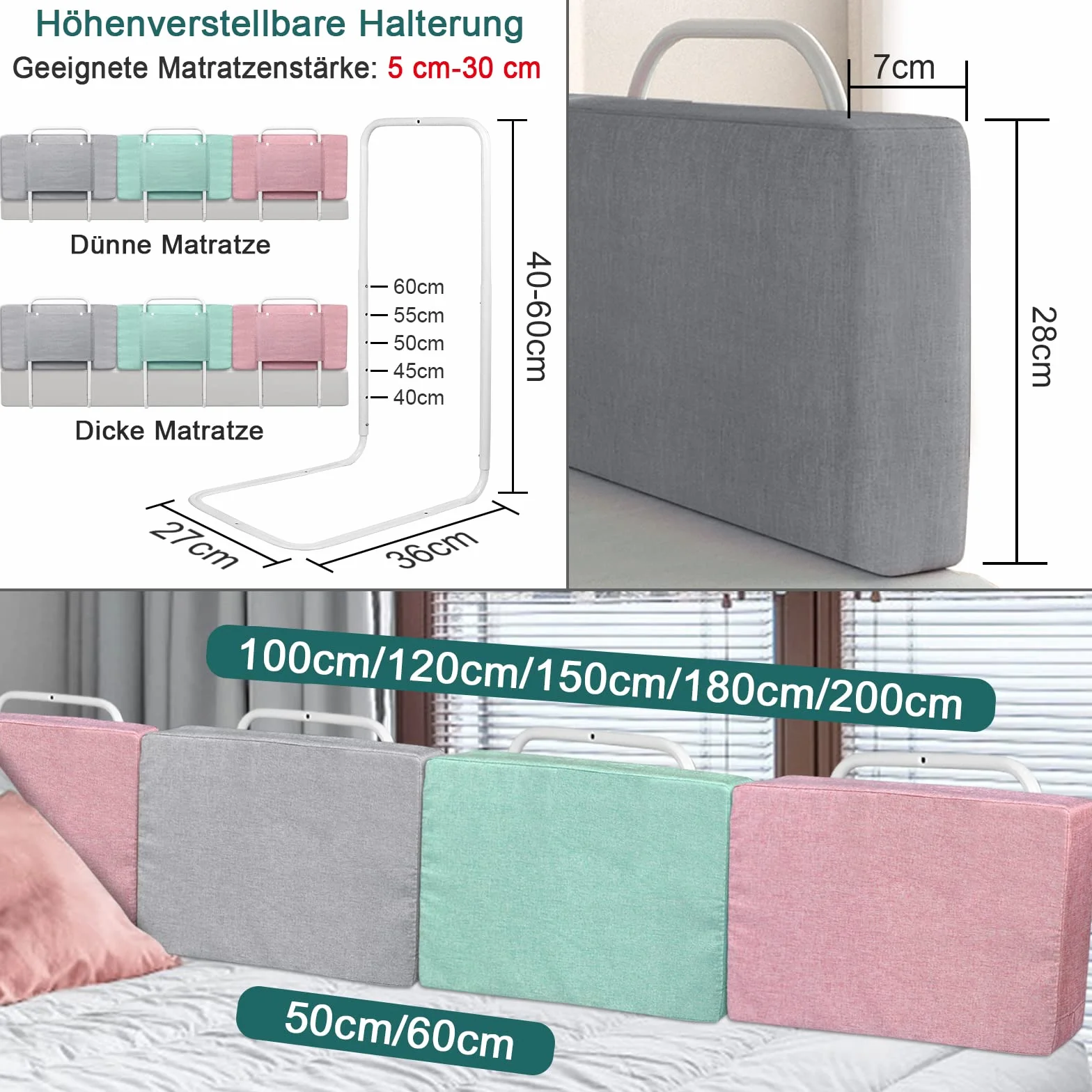 HENGMEI Griglia di protezione del letto, 60 cm, altezza regolabile, griglia, resistente alle cadute, 40-60 cm, tubo in acciaio regolabile, colore: grigio lino