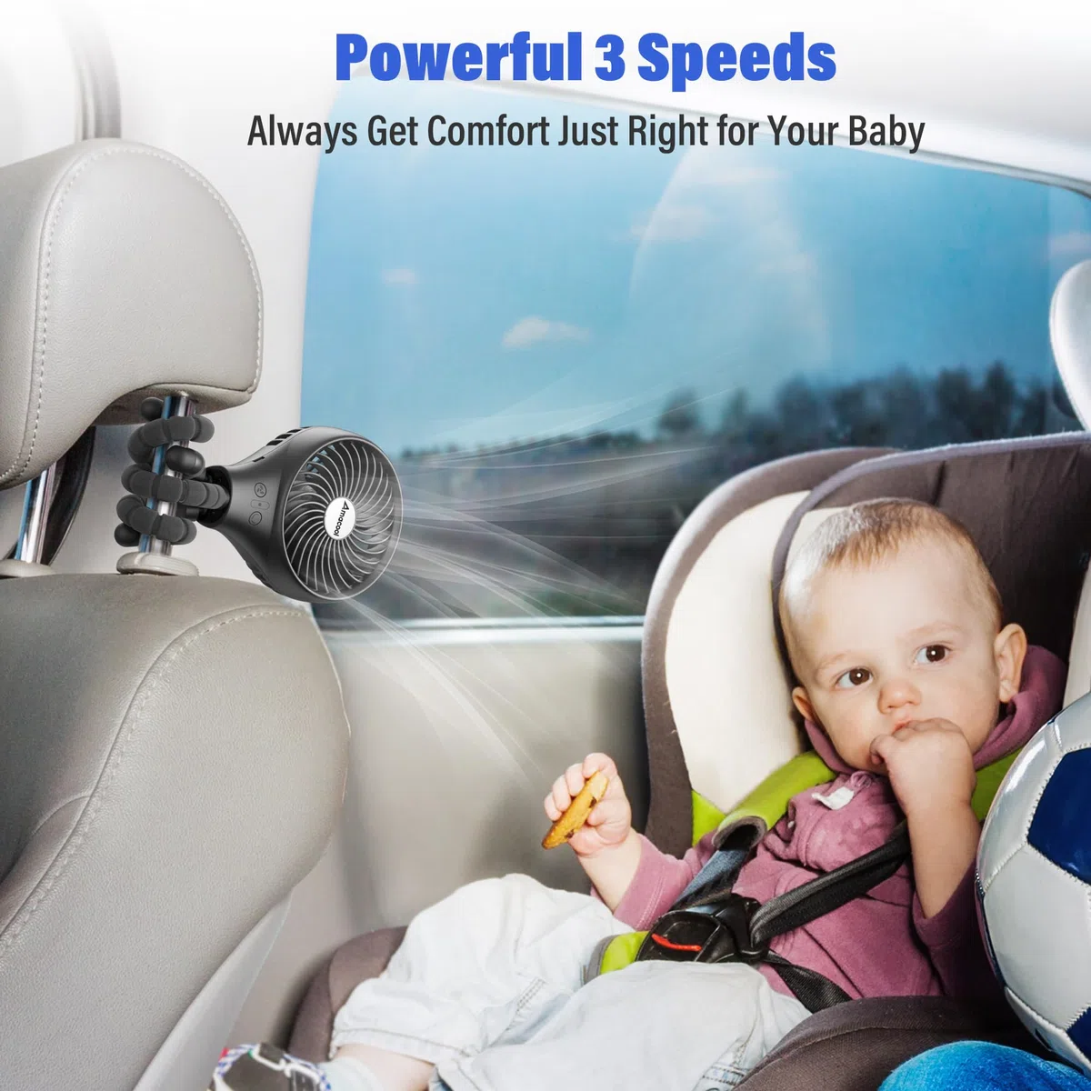 AMACOOL Ventilatore a batteria, oscillante portatile a clip con treppiede flessibile a 3 velocità, per seggiolino auto, culla e tapis roulant da viaggio