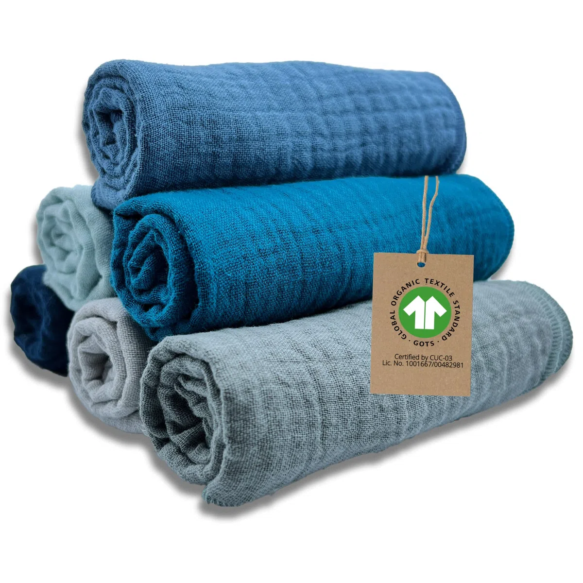 mimaDu - Set di 6 panni in mussola per bambino, in cotone biologico GOTS, 25 x 25 cm, extra morbidi, assorbenti, piccoli asciugamani per la cura del bambino (blu, ocean)