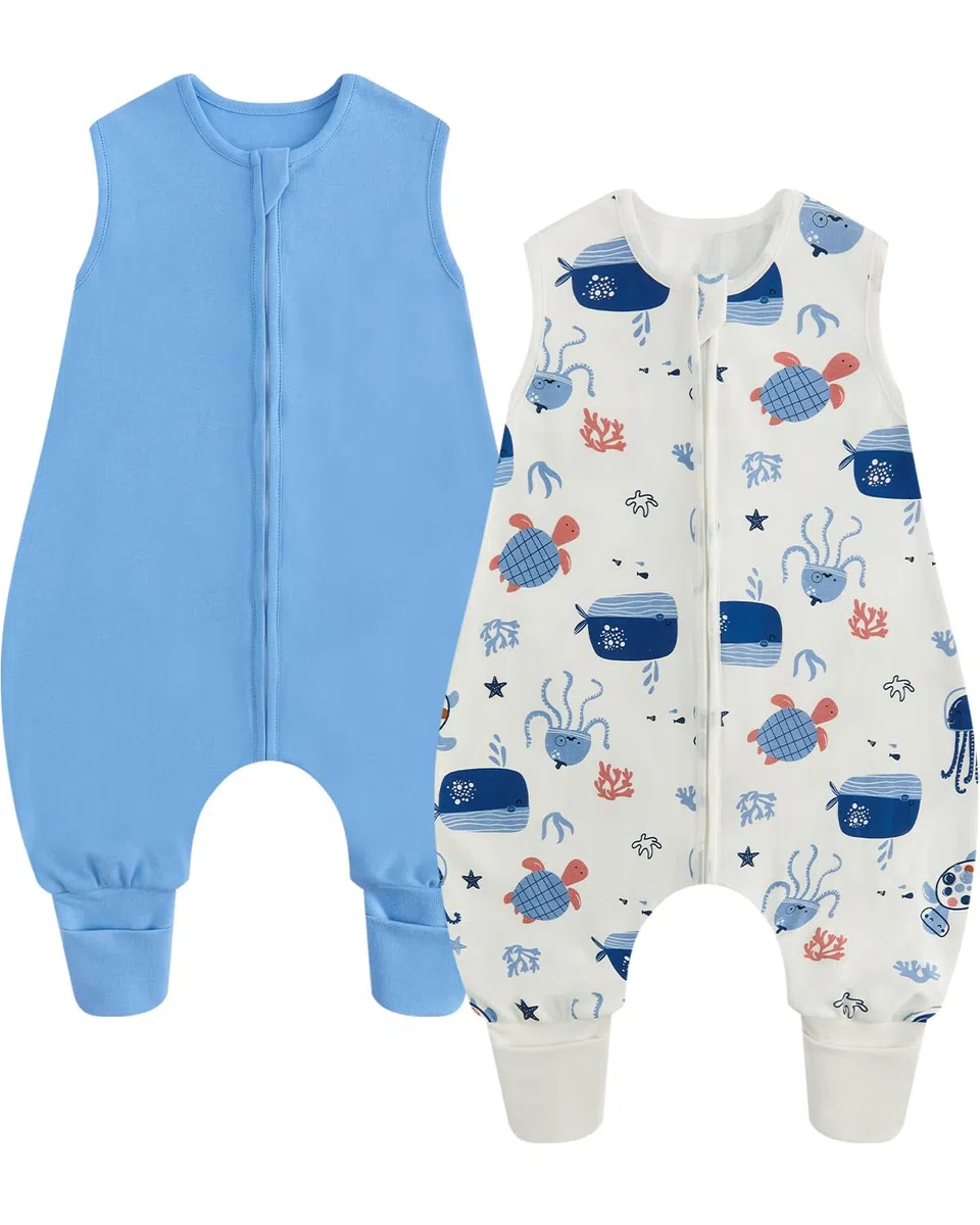 WYTbaby Sacco a pelo con piedi, 0,5 Tog, confezione da 2 pezzi, sacco a pelo per bambini, 100% cotone, senza maniche, per tutto l'anno, per ragazzi e ragazze, blu medusa 70 cm