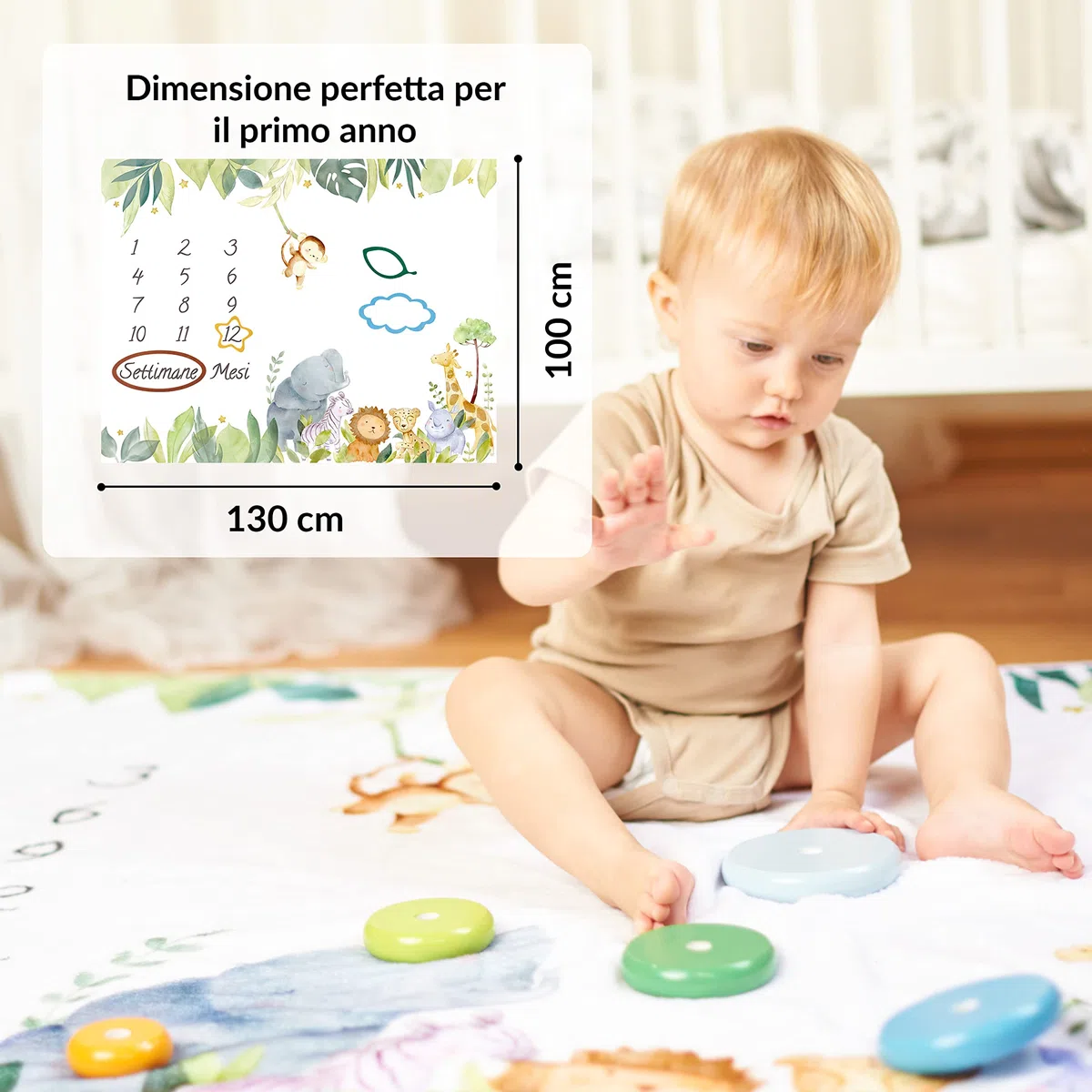 ODOXIA Coperta, Tappeto Mesi Neonato In Italiano | Unisex | Tema Safari | Regalo Baby Shower Personalizzato Per Neomamme | Incluse Cornici