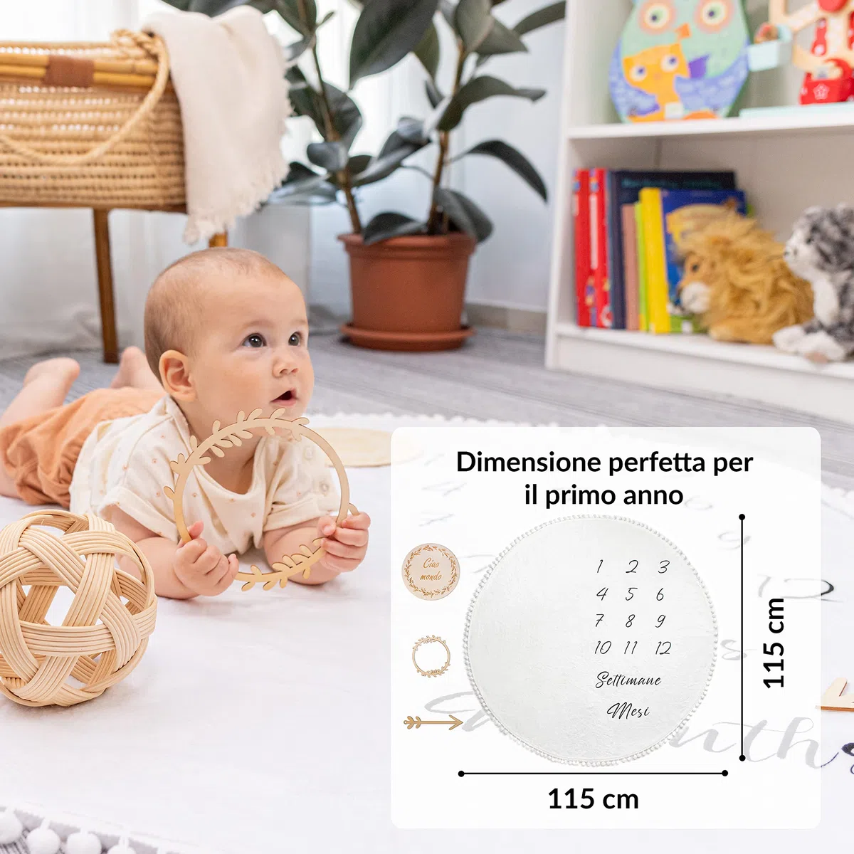 ODOXIA Coperta Mesi Neonato In Italiano | Tappetino Rotondo Mesi Per Maschio O Femmina, Unisex | Genere Neutro | Regalo Baby Shower Per Neomamme | Copertina Mesi Neonato | Cornici In Legno Incluse