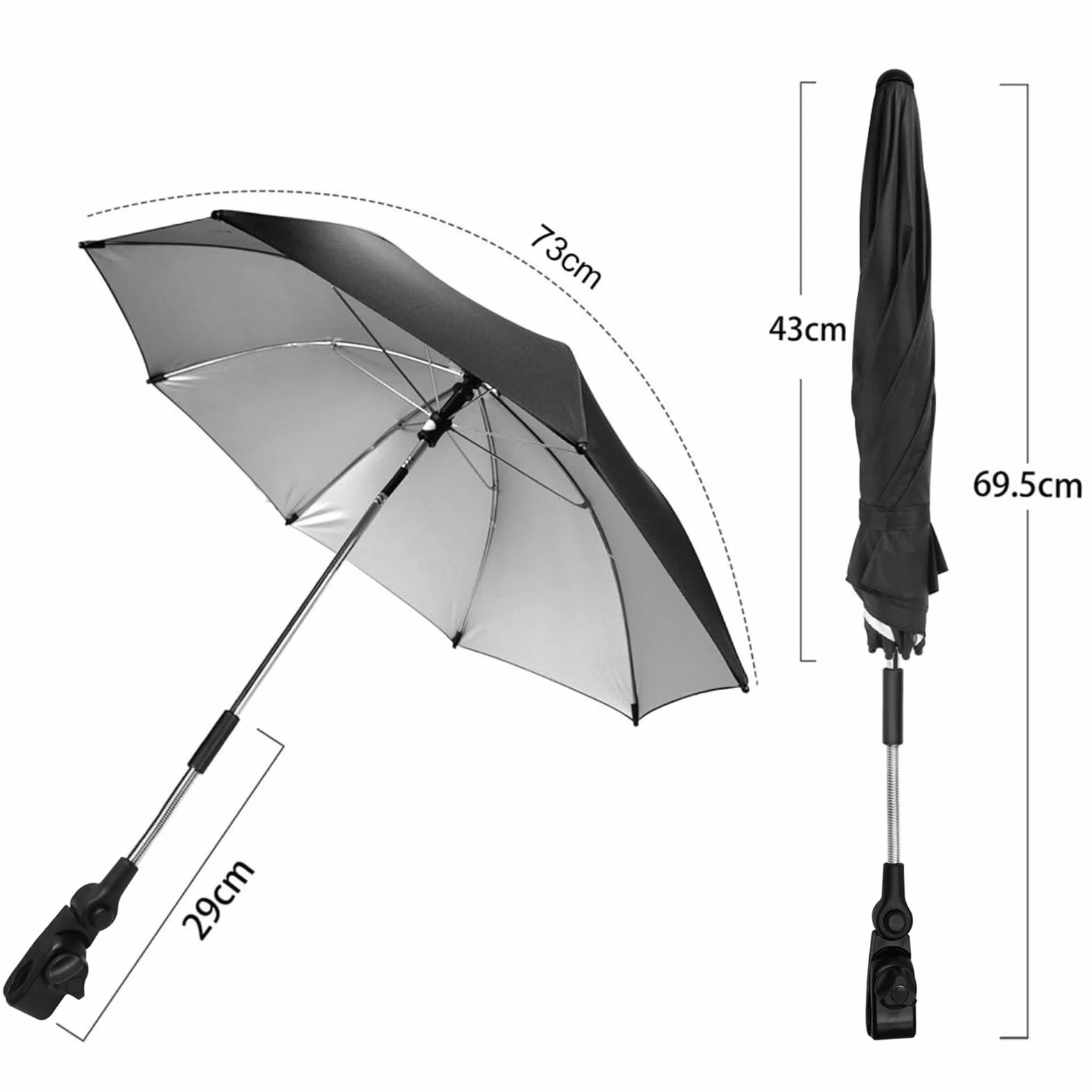 Ombrellino Parasole Passeggino, Ombrellino Passeggino Universale Anti UV 50+, Ombrello Parasole Passeggino con Un Manico, Ombrellone per Passeggino per Carrozzina e Passeggino,Nero