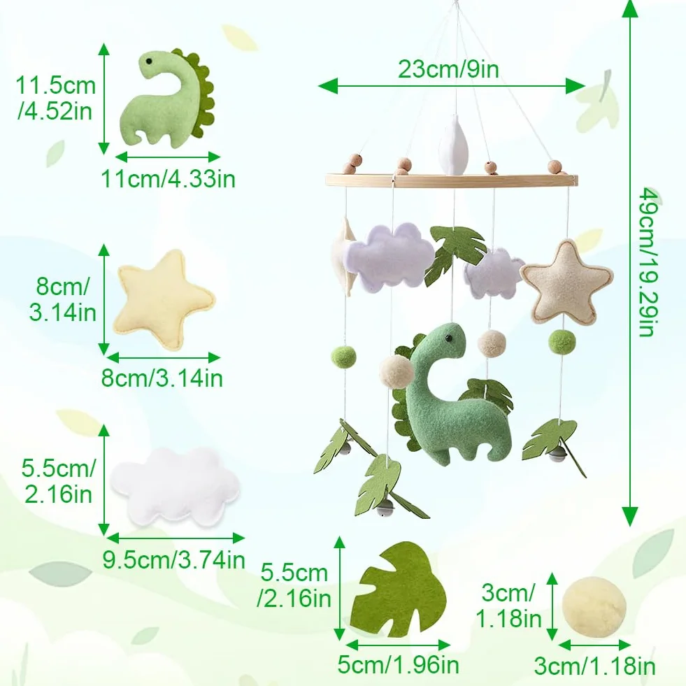 Giostrina Culla Neonato in Legno, con Feltro Dinosauri, Foglie, Nuvole e Stelle, Giostrina Neonato con Campanellino, Decorazioni per Cameretta, Regalo per Bambine o Bambini