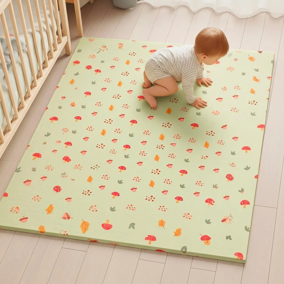Tappetino Gioco per Bambini Pieghevole, 200x150 cm, Spessore 10mm, Motivo Bosco con Animali, Verde