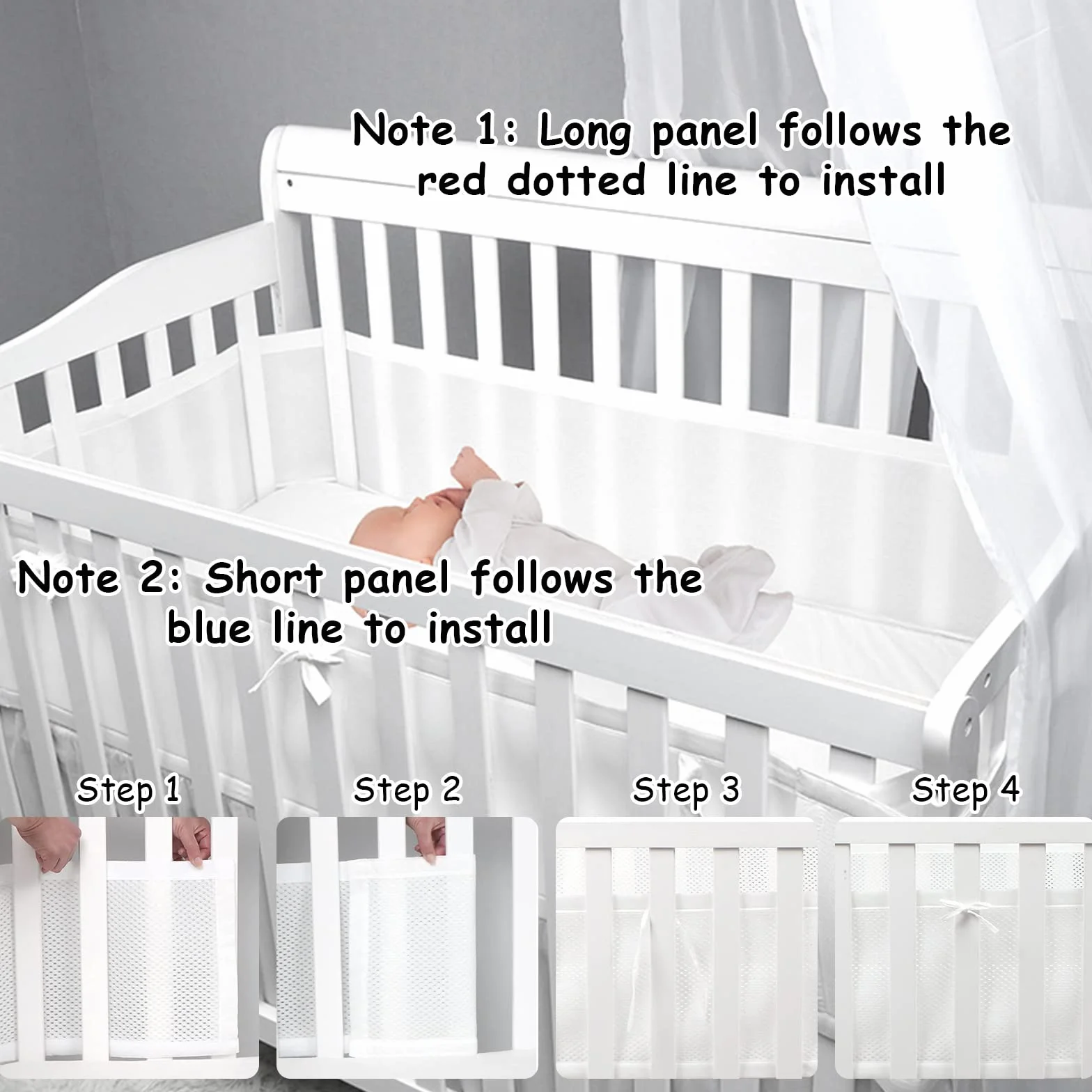 Paracolpi Lettino,2 Pezzi Paraurti in Rete Traspirante a Circolazione d'Aria,4 Lati Paraurti COT Baby Protezione,Regolabile Rimovibile,Lavabile -340cmx30cm + 160cmx30cm (Stella Bianca)