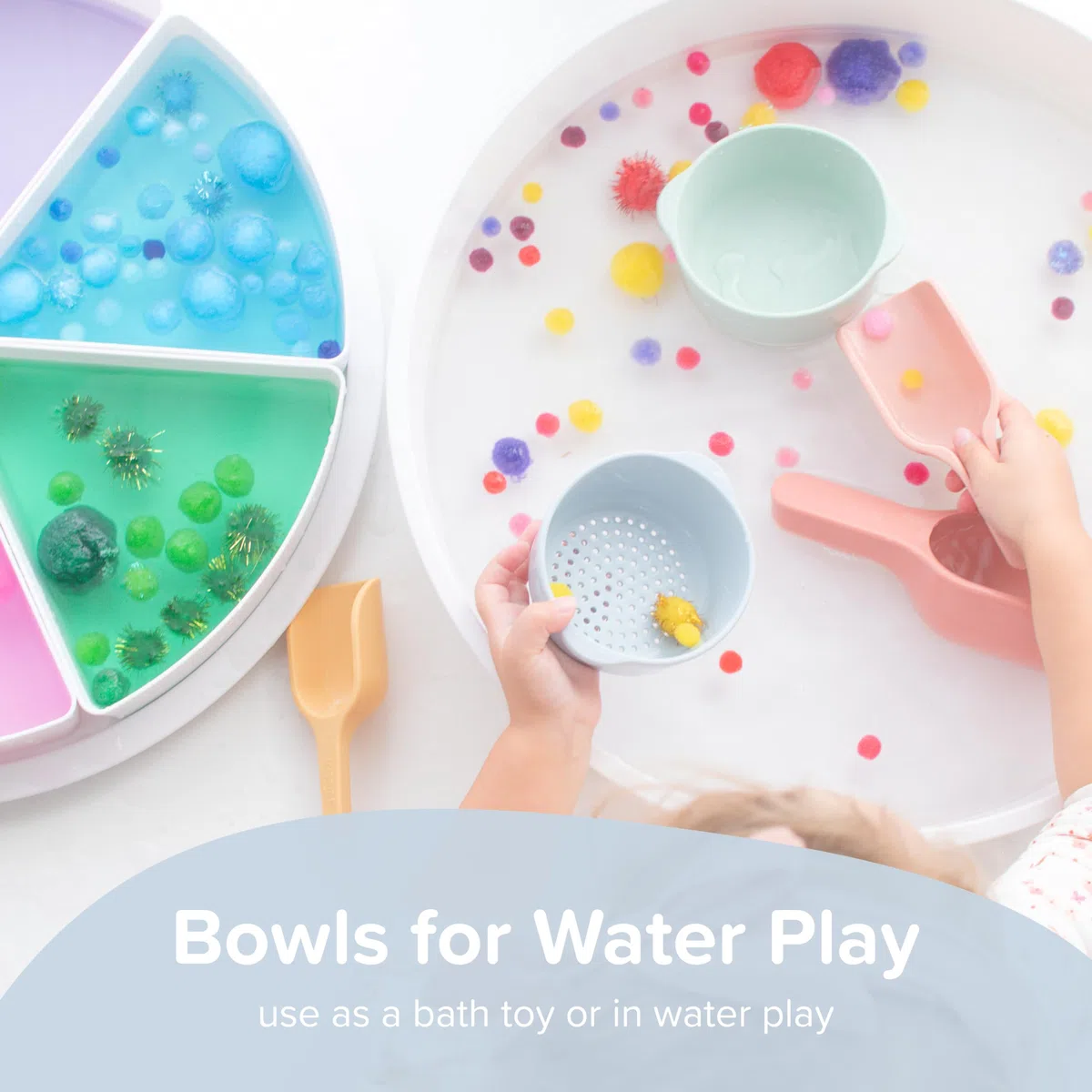 Inspire My Play,3xciotole e setaccio in silicone,Accessori perfetti per vassoio sensoriale,Giocattoli per attività e sviluppo precoce,Giocattoli per l'apprendimento Montessori