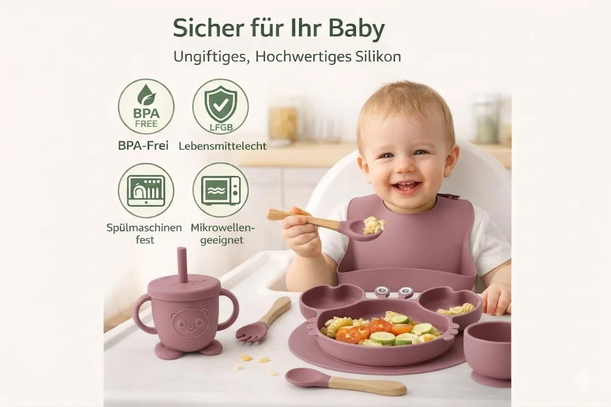 Eliano Set di 6 pezzi in silicone per bambini con piatto per granchio – stoviglie antiscivolo con ventosa, tazza con cannuccia, cucchiaio, forchetta e bavaglini – senza BPA, lavabile in lavastoviglie