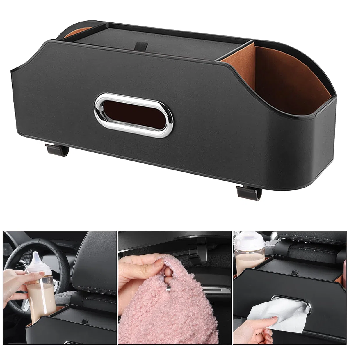 Scatola portaoggetti per sedile auto, contenitore per auto, con scatola in tessuto, porta bicchieri, multifunzione, decorazione interna, organizzatore multifunzione (nero)