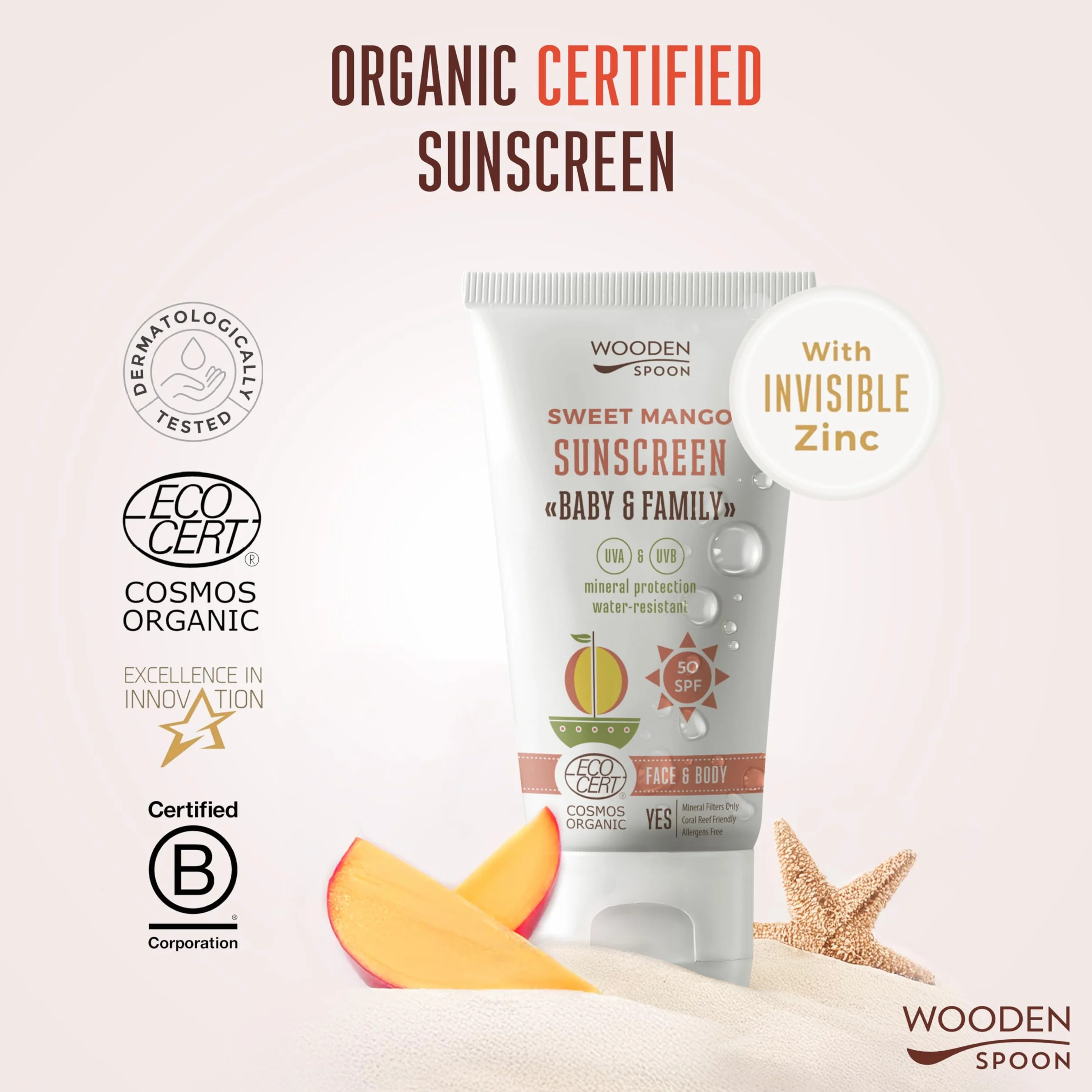 Wooden Spoon Crema Solare Biologica Baby & Family “Sweet Mango” SPF 50 – 100% Naturale, Zinco Invisibile, Senza Aloni Bianchi, Ipoallergenica, Vegana, Resistente all’Acqua – 150 ml