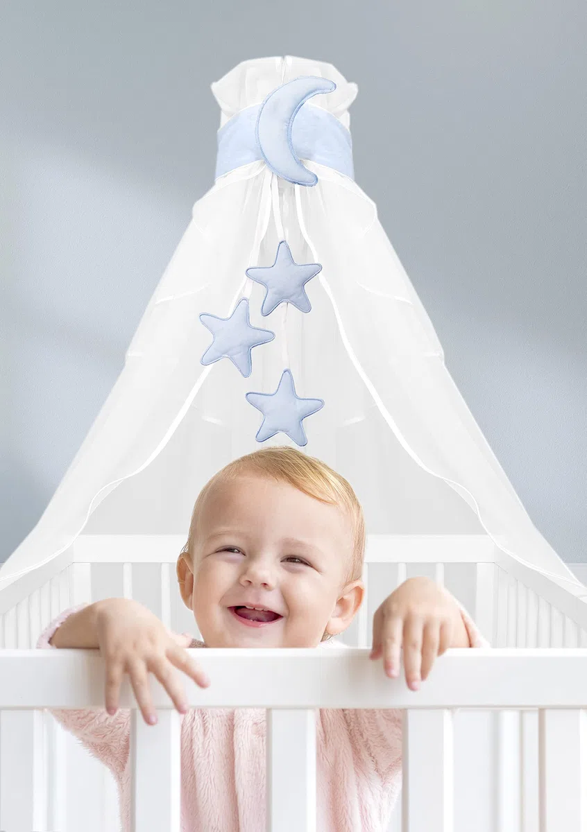 Amilian Cielo per lettino con fiocco, decorazione per la cameretta dei bambini, baldacchino, tenda da letto; cielo di luna/stelle blu chiaro (made in UE)