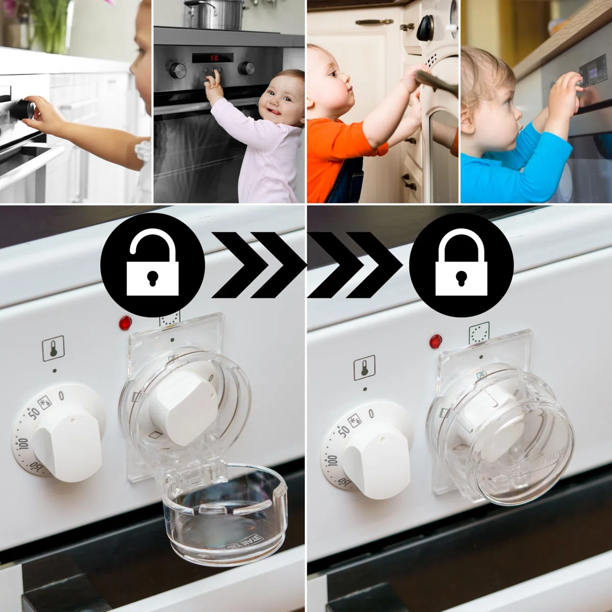 Manopola blocco bambini, 6 pz, trasparente, per manopole con Ø max. 41 x 33 mm, distanza minima tra le manopole 51 mm, manopole blocco bambini pannello di controllo, copertura manopola bambini cucina