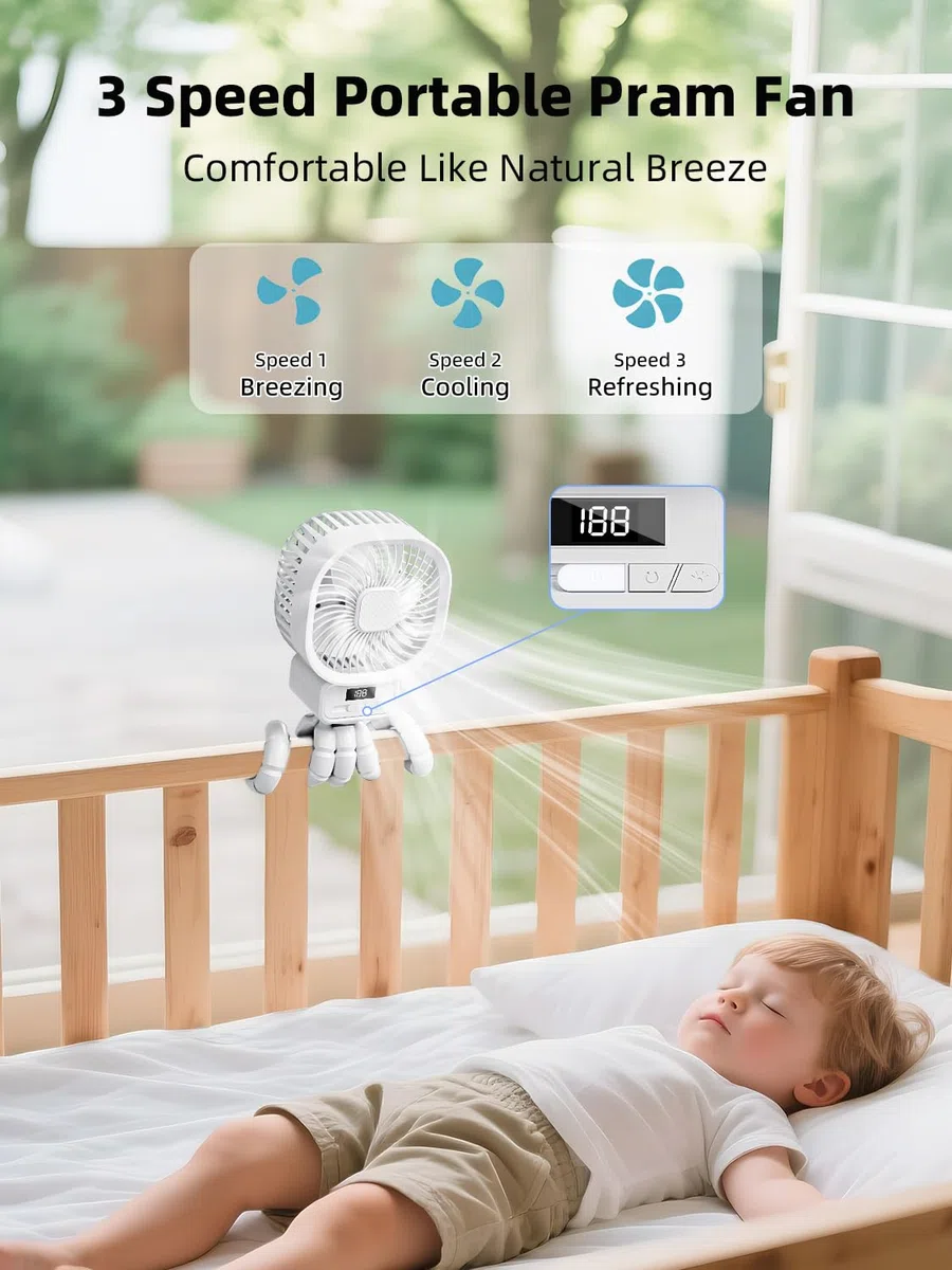 Ventilatore Portatile per Passeggino con 10000mAh, USB Ricaricabile Ventilatore da Tavolo con 3 Velocità, 270° Rotazione Ventilatore Silenzioso con Supporto Staccabile per Passeggino, Culle,Bianco