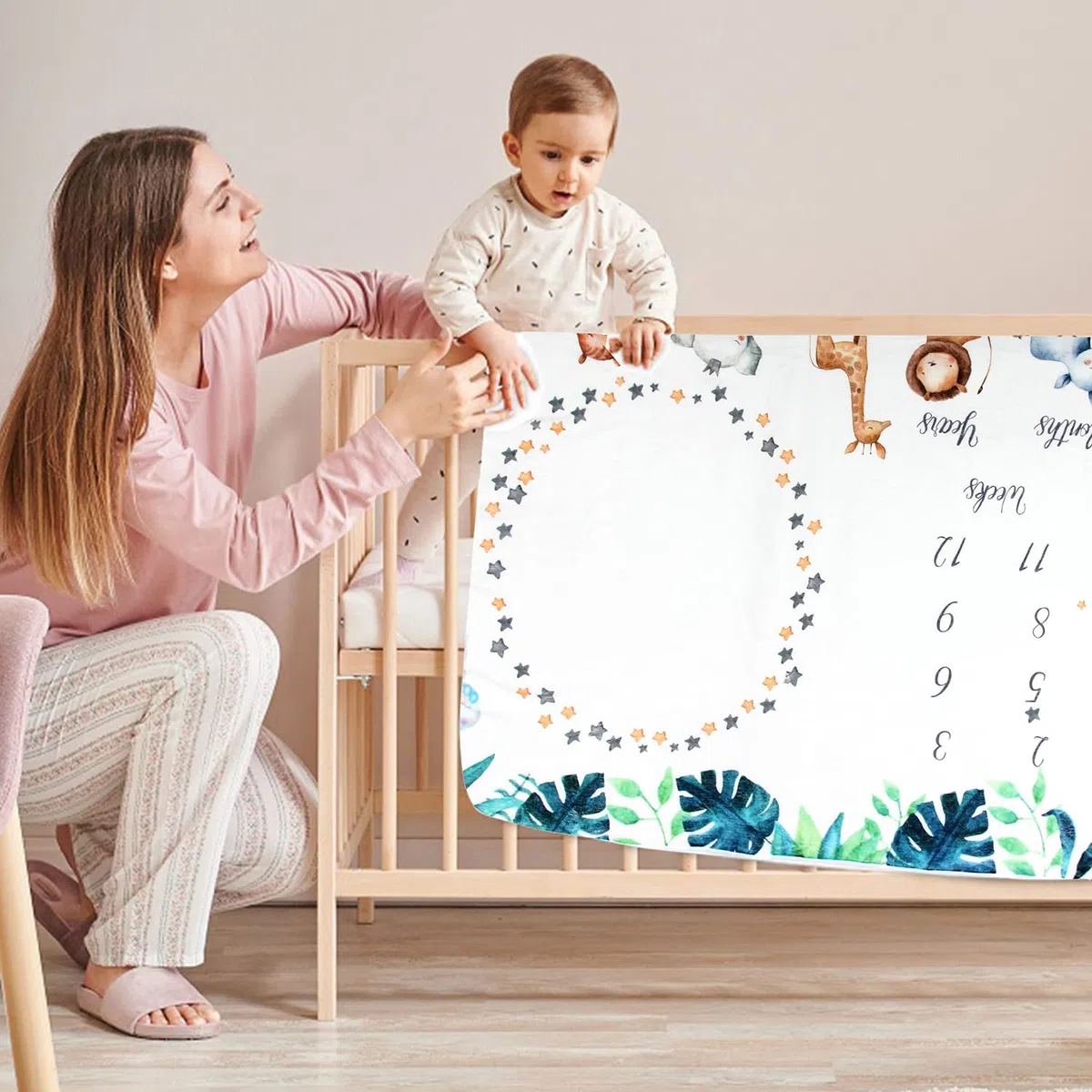 Coperta mensile per bambini, motivo pietra miliare per bambini, unisex, per immagini, leone, giraffa e zebra, con 4 cornici in feltro, Natale, nuove mamme e la crescita dell'età (101.6 x 127 cm)