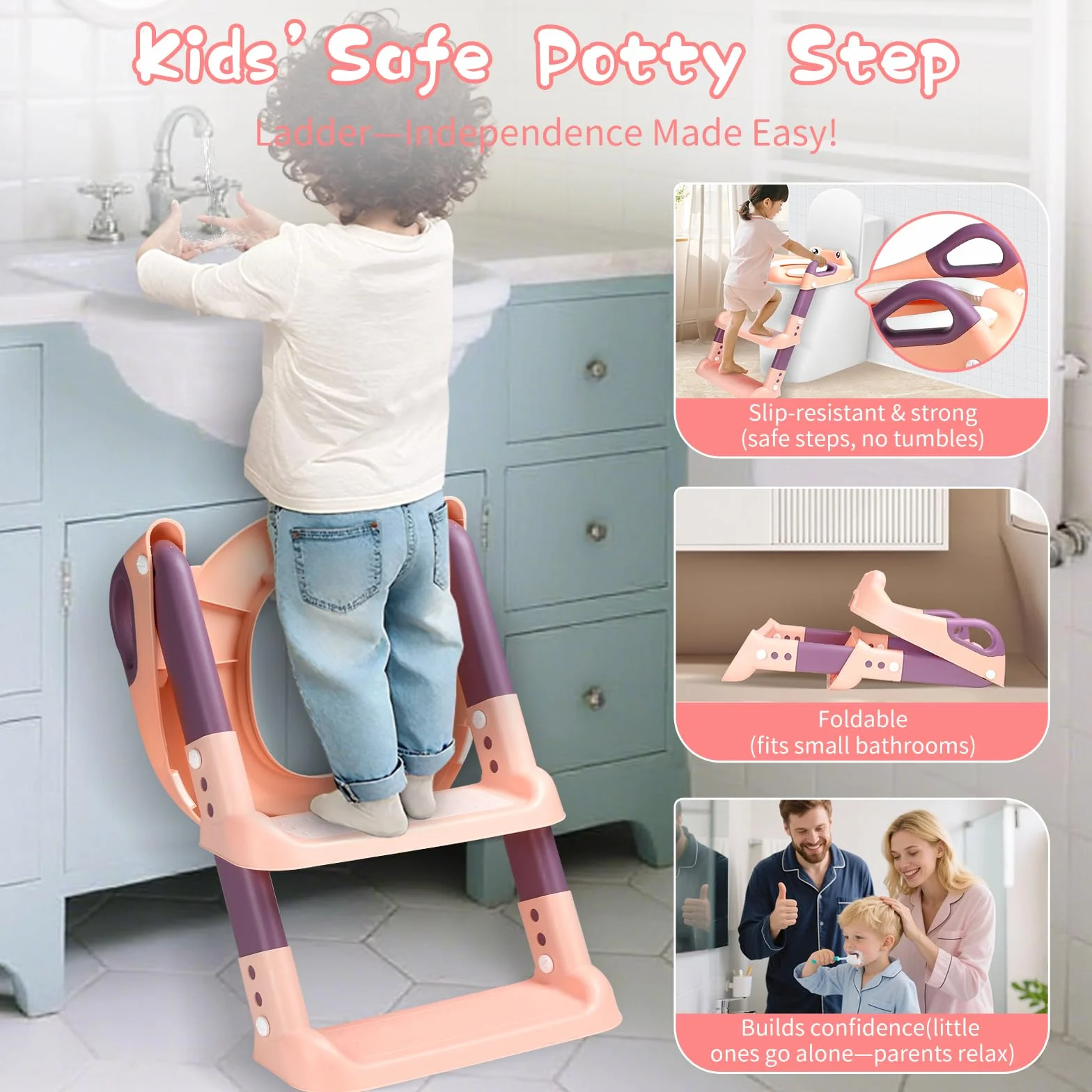 Sedile WC per Bambini con Scale, WC per Bambini, 2 in 1, con Scale, per Ragazzi e Ragazze, Sedile WC con Poliuretano, Regolabile in Altezza e Pieghevole, Antiscivolo con Spritzsc