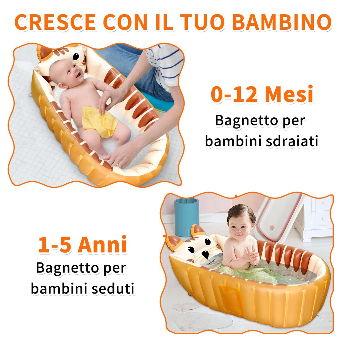 Boczif Vaschetta Bagnetto Neonato, Bagnetto Neonato, Piscina Gonfiabile Bambini, Vasca da Bagno Pieghevole,Vaschetta Bagnetto Bambini 1-3 anni 90 x 55 x 30 cm (Arancione)