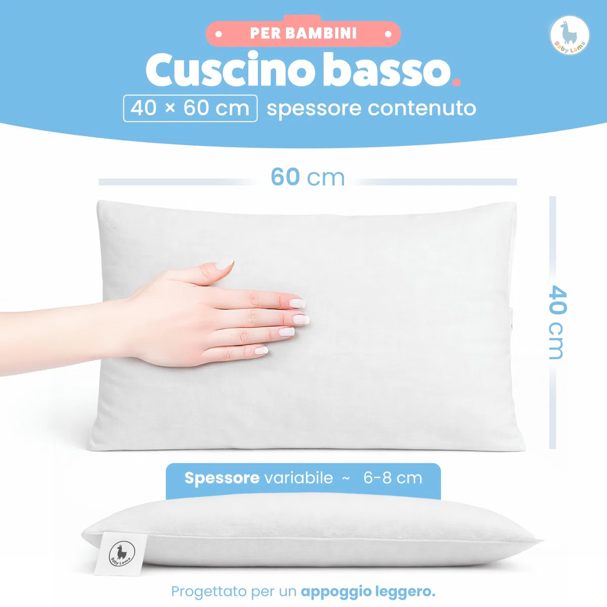 Baby Lama (2 Cuscini) Cuscino Bambino 2 Anni - 6 Anni. Cuscino Lettino Bambino Basso per Dormire 40x60. Cotone 100% Oeko-Tex – Ipoallergenico, Lavabile, Antisoffoco. Made in Italy (2)