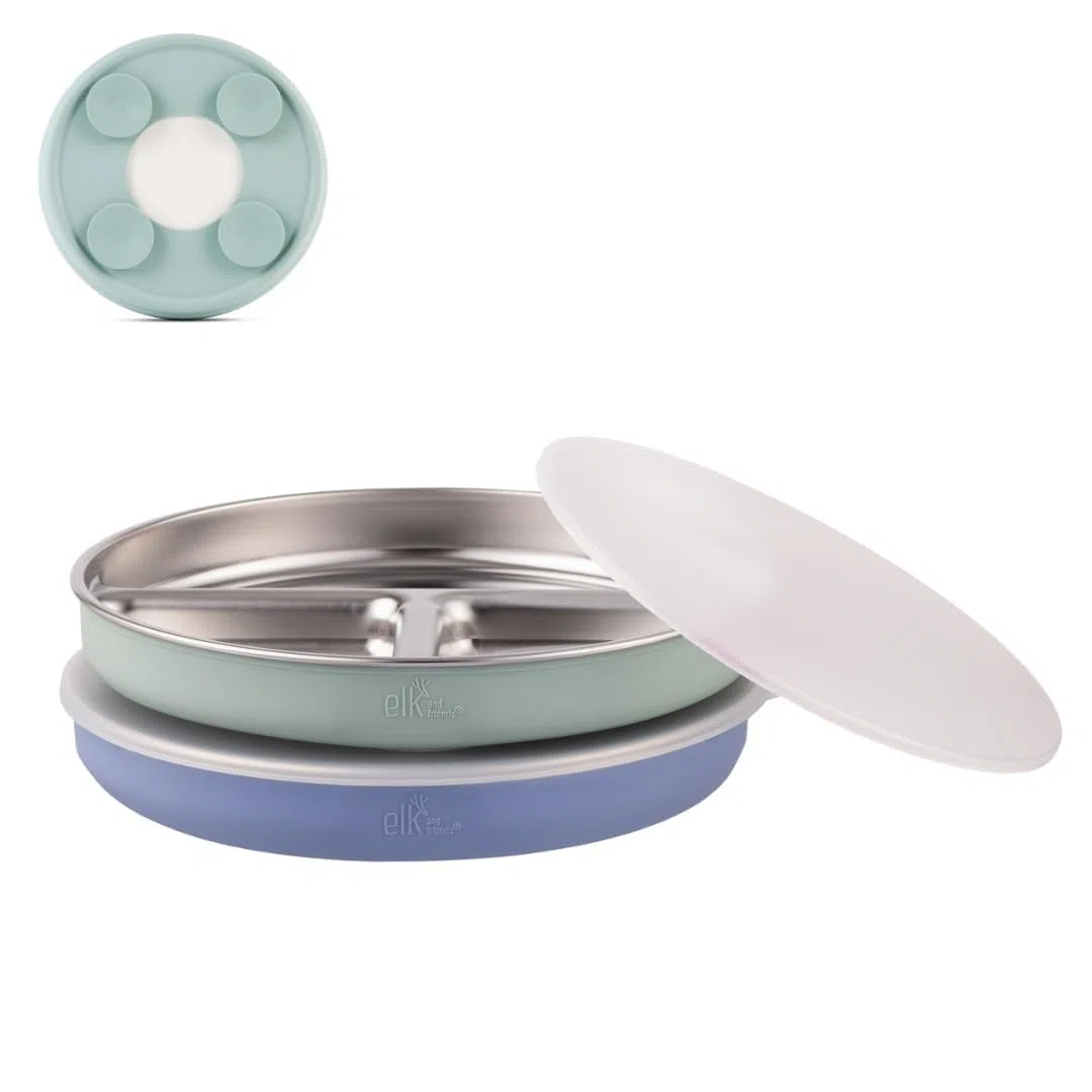 Elk and Friends Piatti divisi in acciaio inox con custodia in silicone per neonati e bambini, coperchi inclusi, ventosa, piatti per cena e snack, confezione da 2
