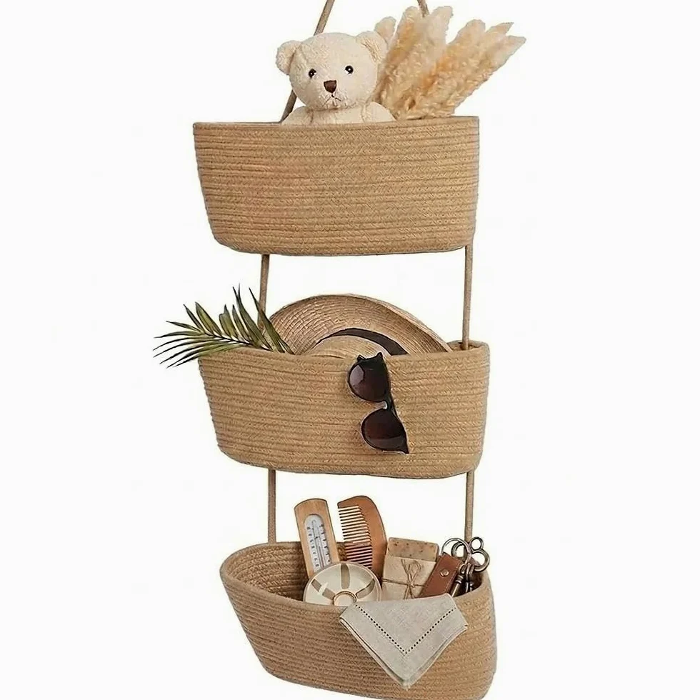 Organizer da appendere per porta e parete, cestino sospeso a 3 piani in corda di cotone intrecciata, sistema di archiviazione decorativo per bagno, cameretta dei bambini e camera da letto (B-khaki)