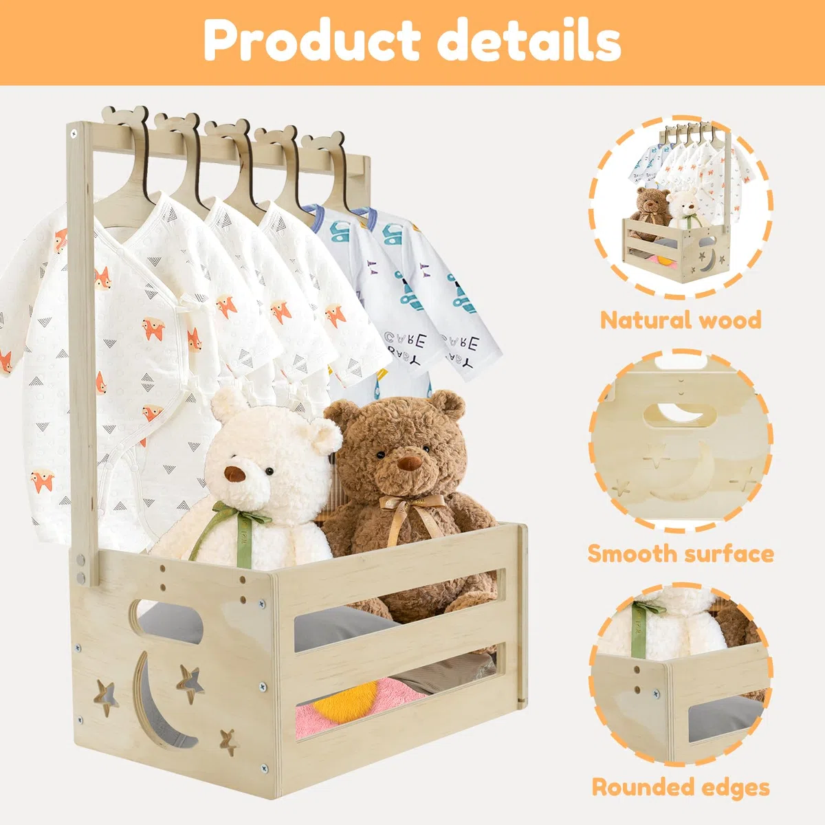Cassetto per Baby Shower con 5 Ganci, Cestino per Bambini in Legno con Maniglia, Cassetta di Legno per la Conservazione dei Vestiti dei Bambini, Cesto Decorativo per Vestiti da Doccia, Gravidanza