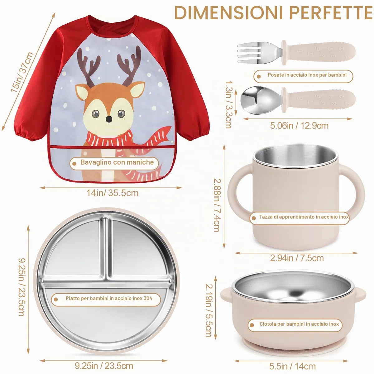 Set di stoviglie per bambini in acciaio inox con ventosa, 6 pezzi in acciaio inox con piatto per bambini, bicchierini per imparare a bere, bavaglini con maniche, cucchiaio per bambini
