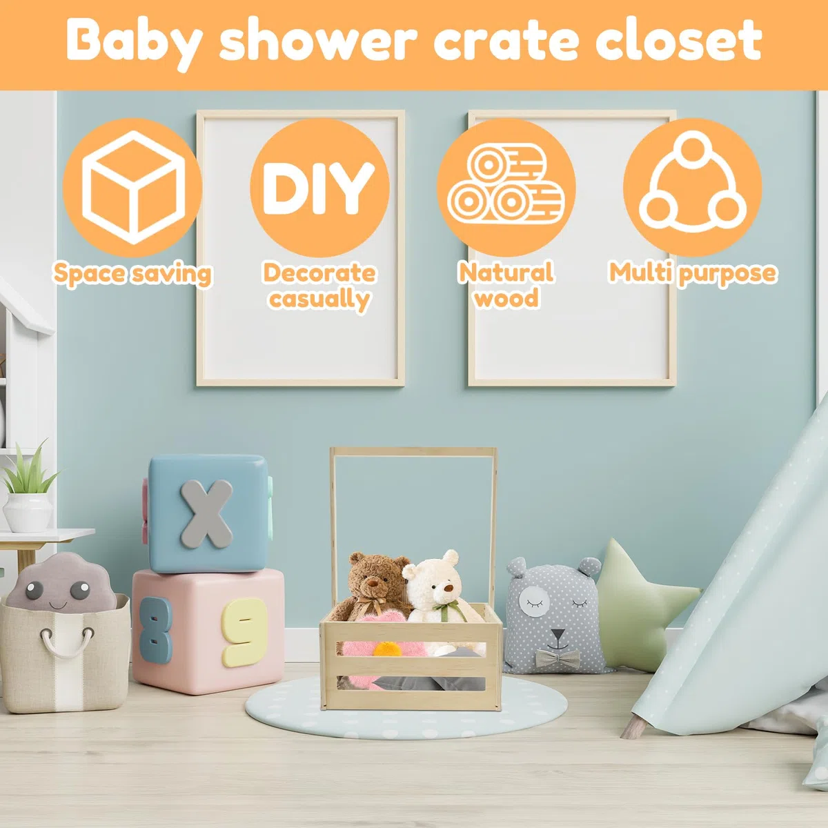 Cassettiera per baby shower, con 5 grucce in legno, cesto per vestiti per bambini, cestino decorativo con asta appendiabiti, per baby shower, gravidanza, regali per genitori