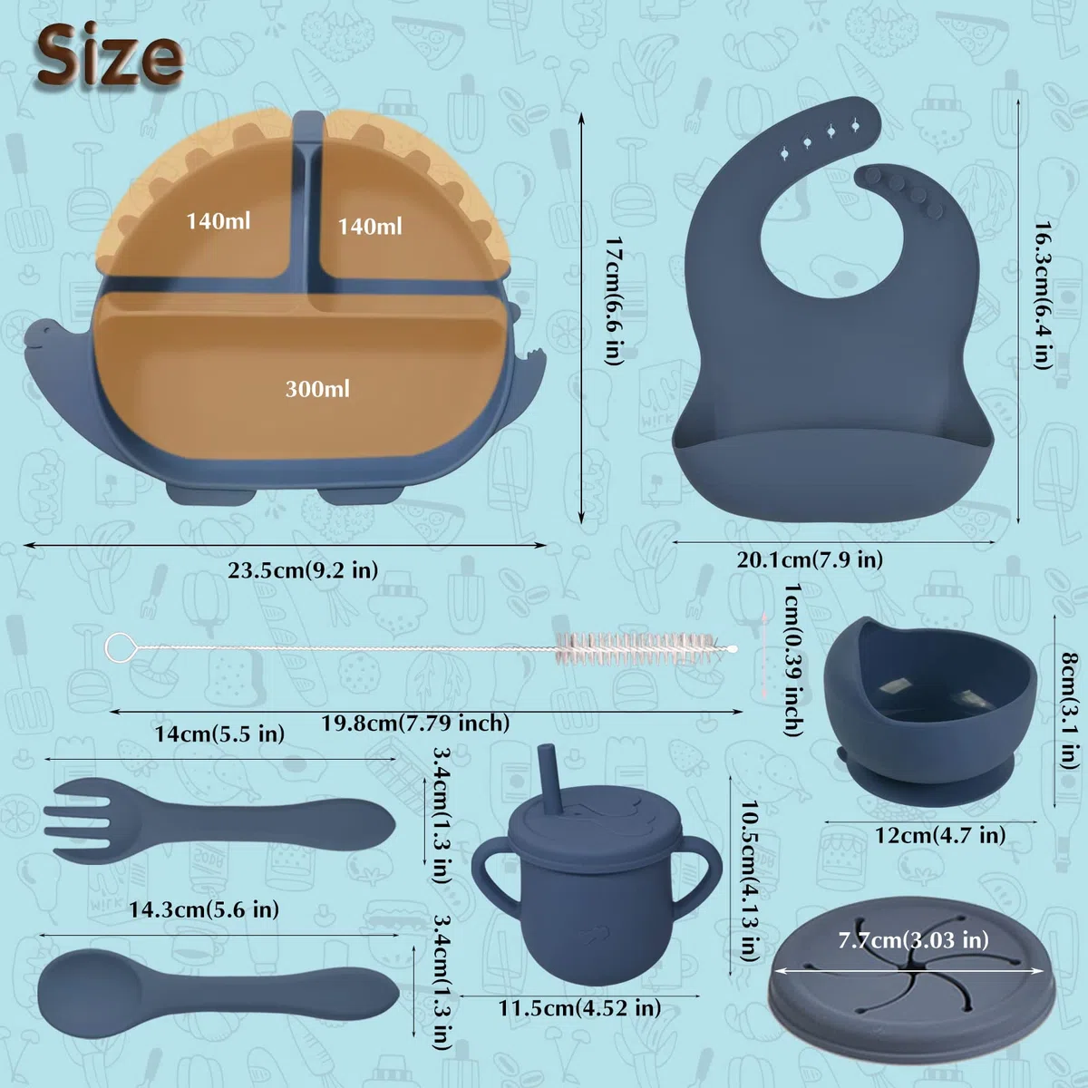 Delven Set Pappa Svezzamento, Silicone Stoviglie 8 Pezzi Piatto con Ventosa Ciotola Bavaglino Posate Svezzamento Tazza Coperchio Kit Pappa Viaggio, Antiscivolo per Neonato Bambini,Blu Dinosauro