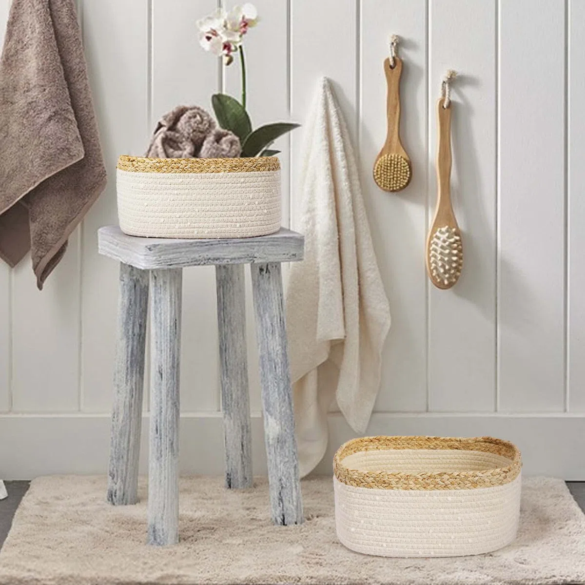 Cesto portaoggetti per bambini, corda di cotone intrecciato, set da 4 pezzi, accessori per il bagno, organizer per il bagno, per la decorazione della cameretta dei bambini, giocattoli