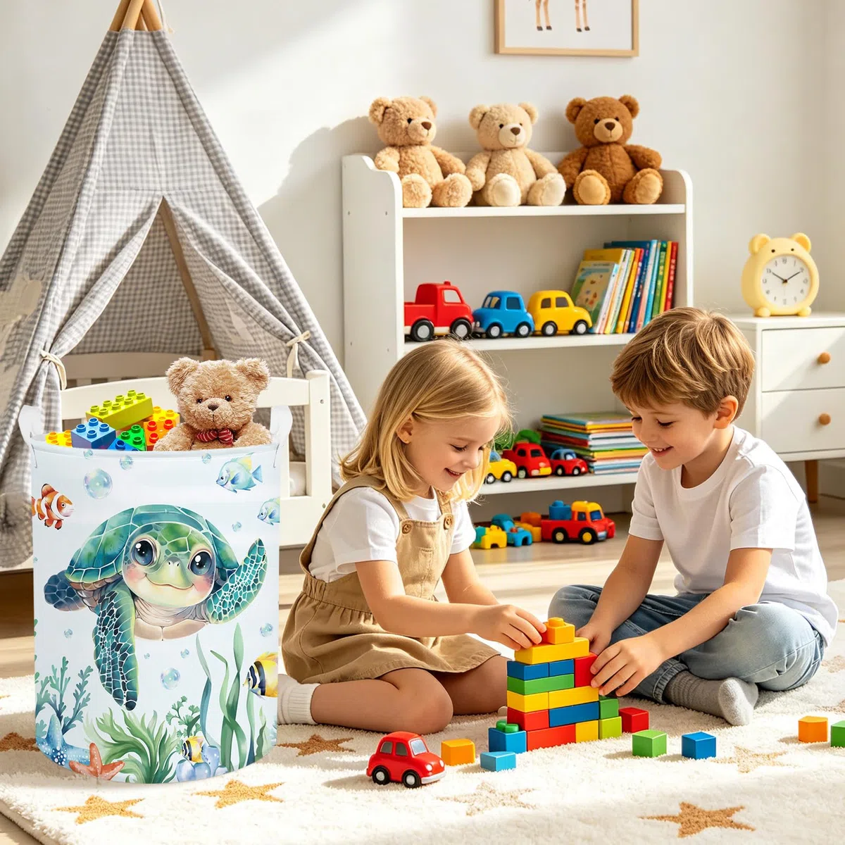 Clastyle Ceste Biancheria Bambini Mare Tartaruga Verde per Ragazzo Ragazza Cestino Portaoggetti Giocattoli Pieghevole Vestiti Giocattolo con Manici per Bagno Cameretta, Tartaruga marina, 36x45 cm