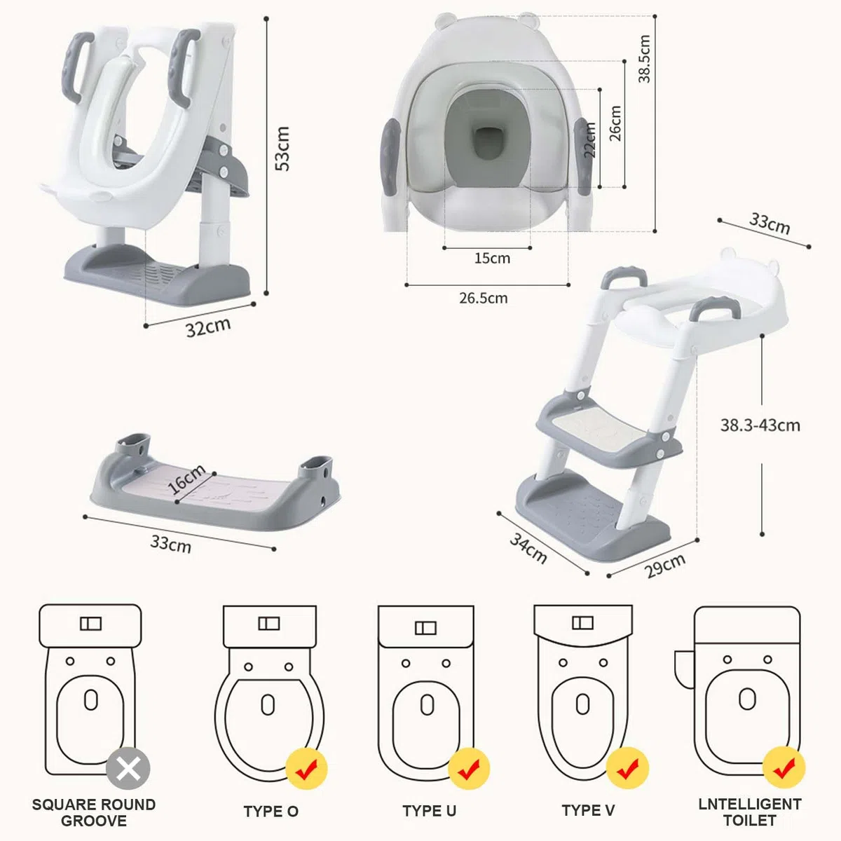 Mkitnvy Riduttore WC per Bambini Con Scaletta e Sedile per Vasino, Regolabile e Pieghevole Antiscivolo Sedile Gradini Larghi con Morbido Cuscino Toilette Portatile Trainer per V,U,O