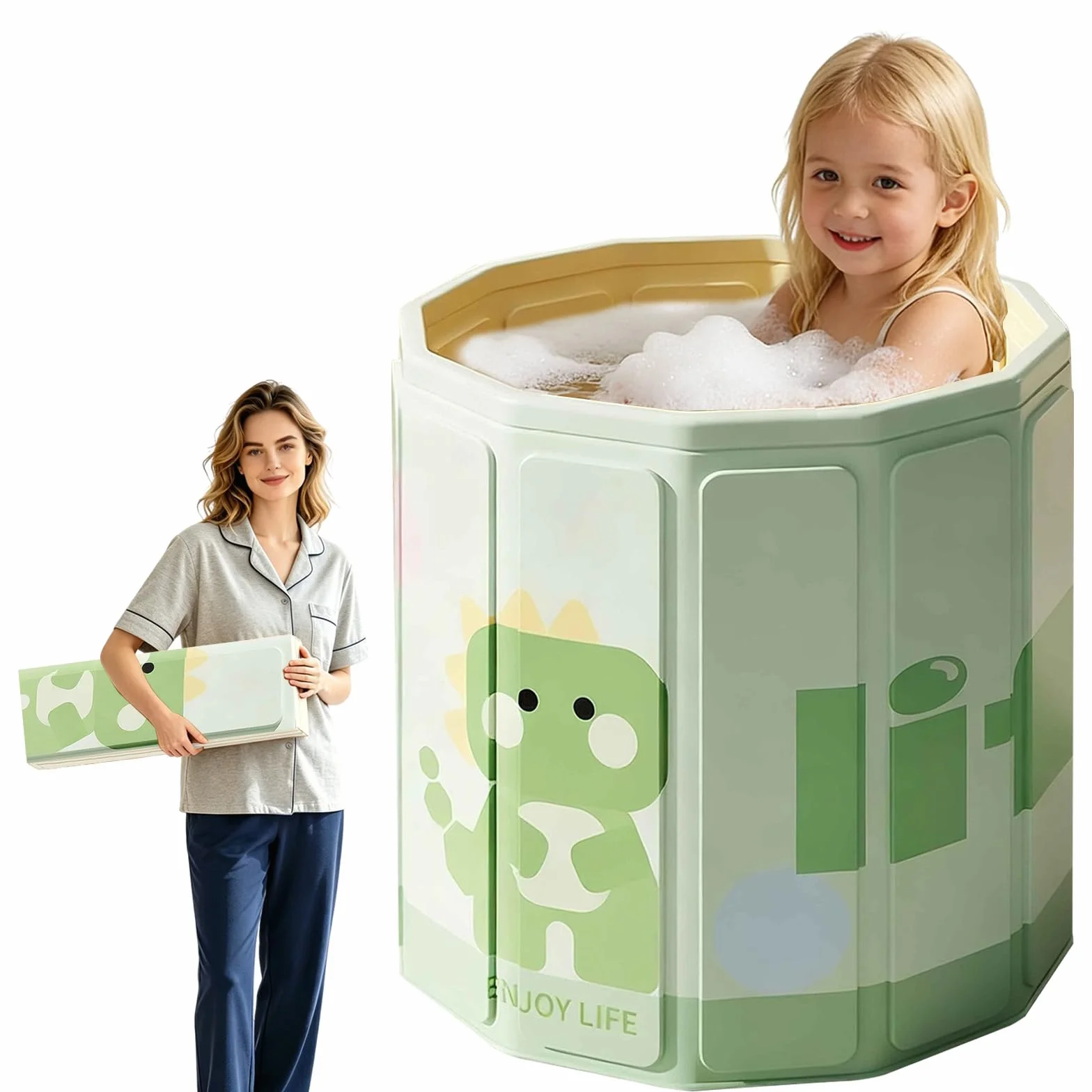 Vasca da Bagno Pieghevole per Bambini, Vasca da Bagno Portatile per Bambino, Adatta da 0 a 5 Anni, con Tappo di Scolo, Green