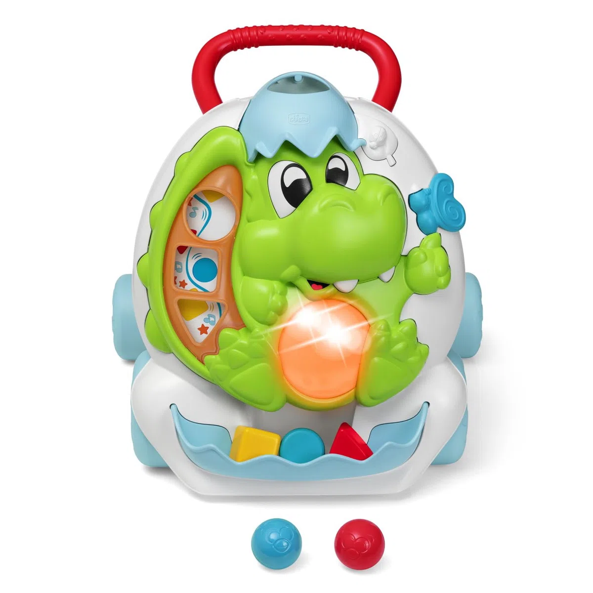 Chicco Gioco Primipassi Dinosauro, 2in1 Evolutivo, Girello e Centro attività Elettronico, 2 Palline, 3 Formine, Luci e Suoni, Parti in Plastica Riciclata 80%, Made in Italy, Giochi Bambini 9-24 Mesi