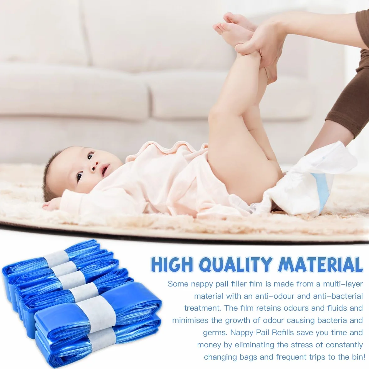 18 sacchetti di ricarica per pannolini, 4,5 m, ricarica per bidoni per pannolini, per Angelcare, Tommee Tippee, Litter Locker – blu