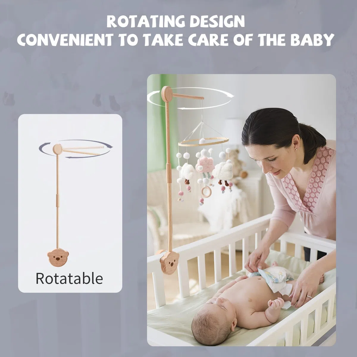 Baby Mobile Holder Orso di legno per lettino, fasciatoio Playpen DIY Baby Mobile Holder Rack Rod Mobile Attachment Hanging Music Box Wind Chimes Bed Bell