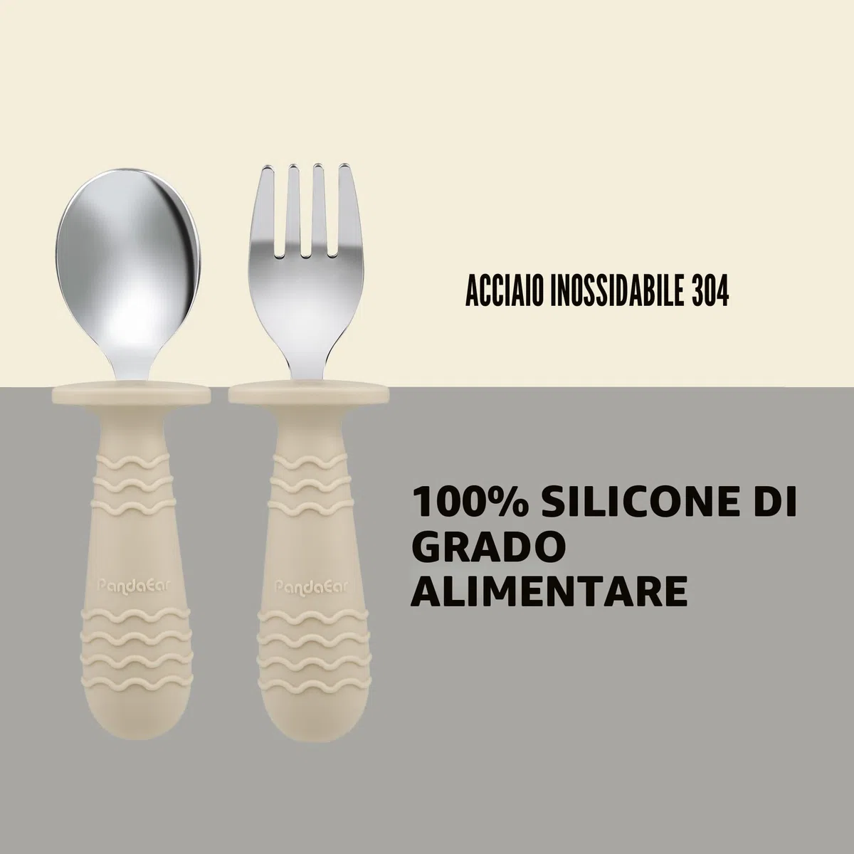 PandaEar Set da 2 Piatti in Acciaio Inossidabile con Ventosa per Neonati e Set da 2 Cucchiai e Forchette, Ustensili per Bambini, Piatti Divisi per Alimentazione Autonoma (Marrone chiaro/Noce)