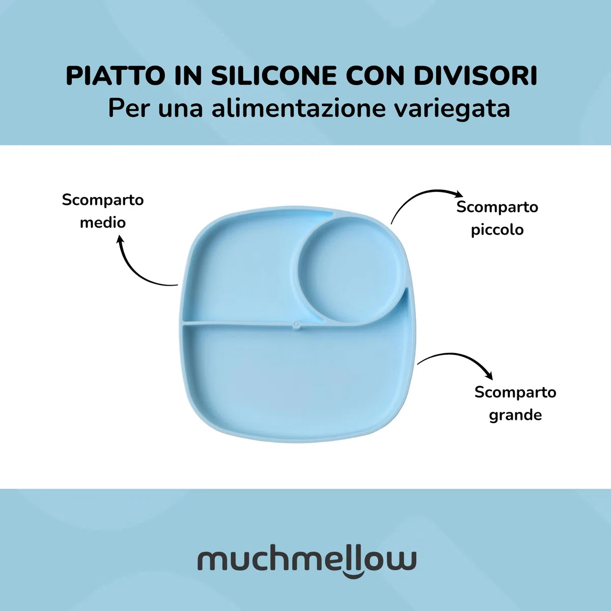 muchmellow - Piatto in Silicone MADE IN ITALY per Svezzamento con 3 Scomparti Divisori e Ventosa Anticaduta, Plastic Free, BPA Free, Lavabile Lavastoviglie (Azzurro)