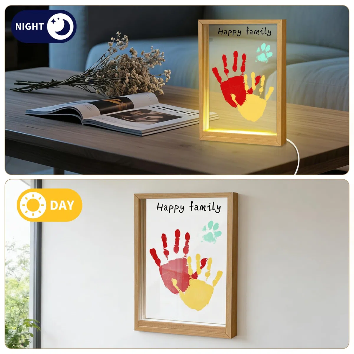 Kit Impronta Mano Famiglia con Lucietta LED, Spazio per 4 Persone, Kit Impronta Mano e Piede Bebè, Impronta Neonato, Cornice in Legno da Creare per Regalo