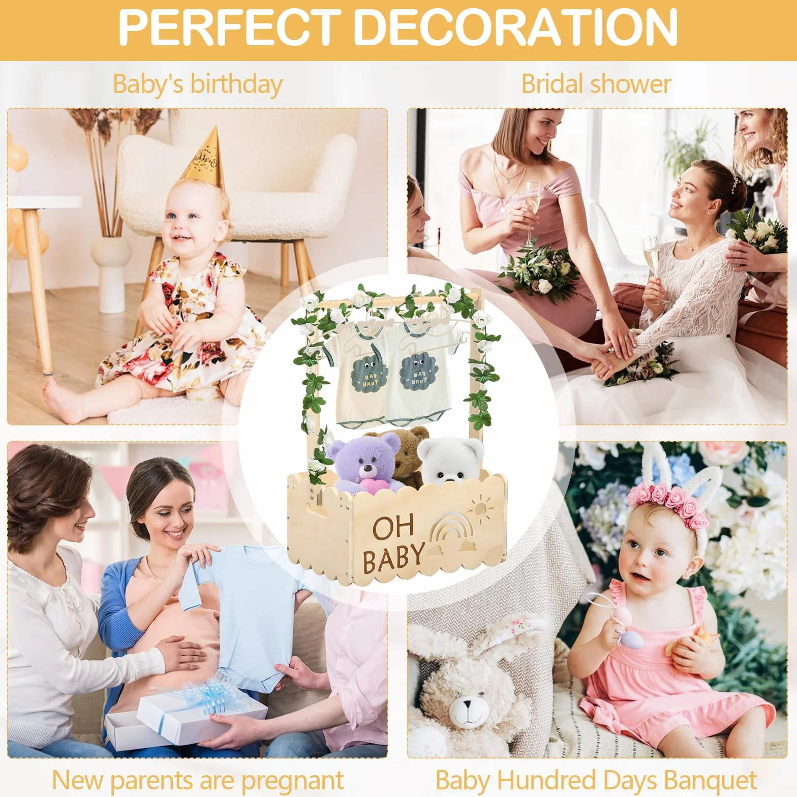 Cestino Per Neonati In Legno, Scatola Di Legno Per Baby Shower Mobiletto In Legno Per Baby Shower Cesto Per Neonato Con Rosa E 5 Grucce Regalo Personalizzato Per Neonato Per Baby Shower